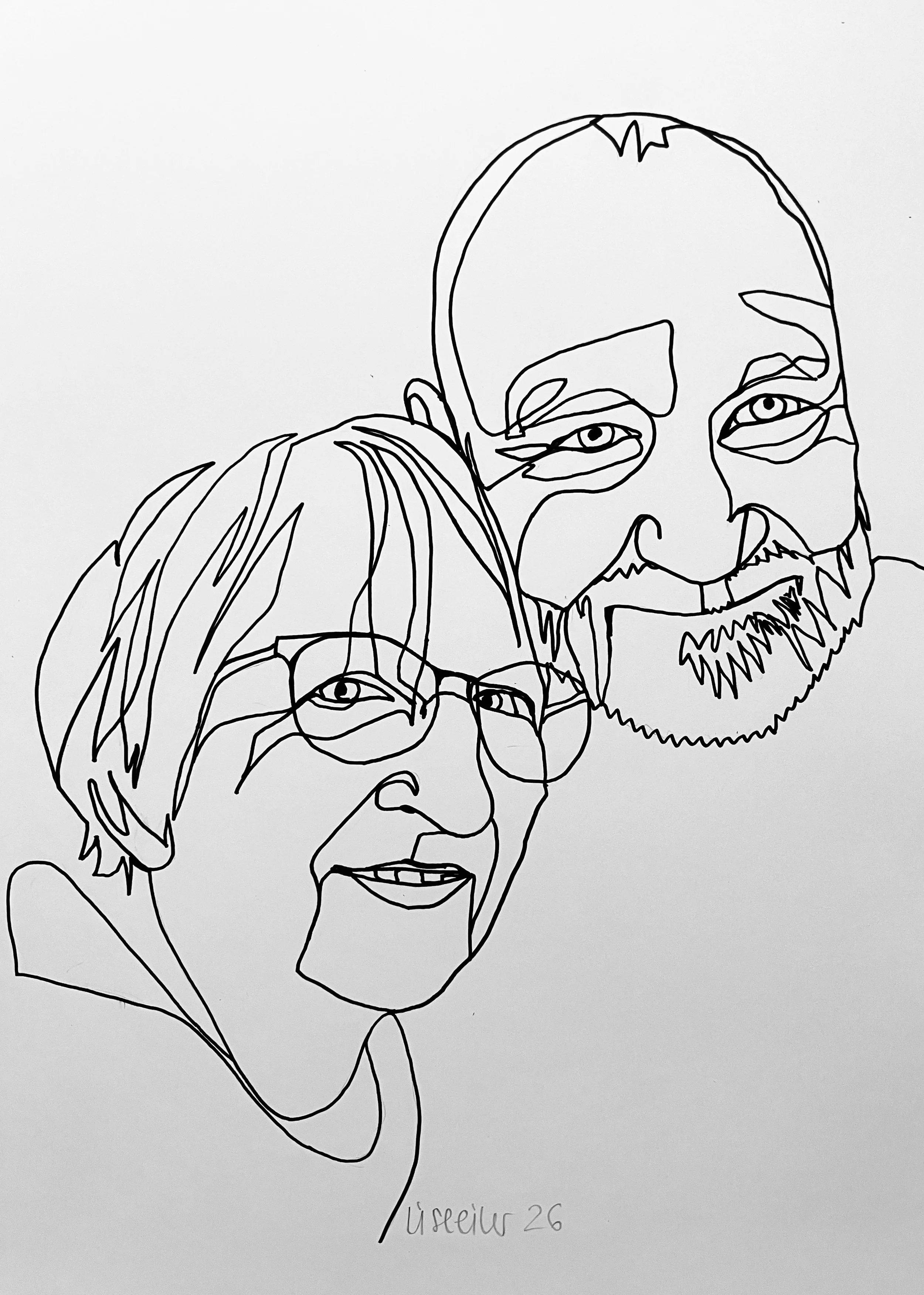 Linda og Uffe, 2026, tusch på papir, sammenhængende streg, A4