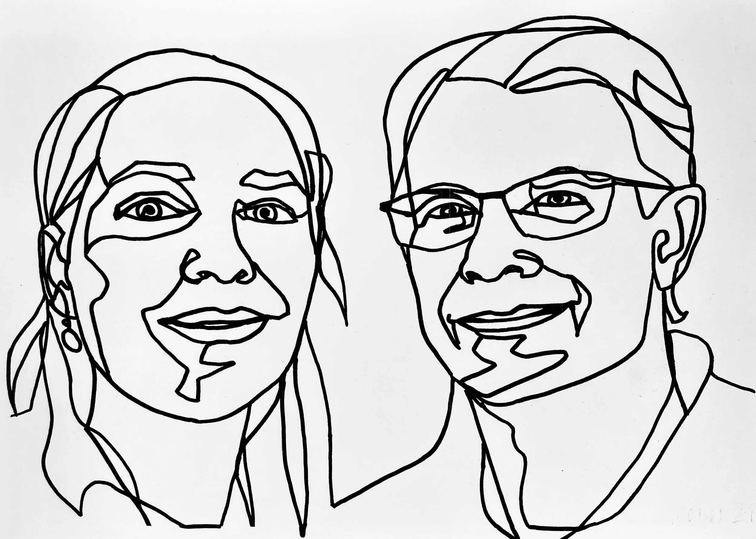 Mette og Tom, 2024, tusch på papir, sammenhængende streg, A4