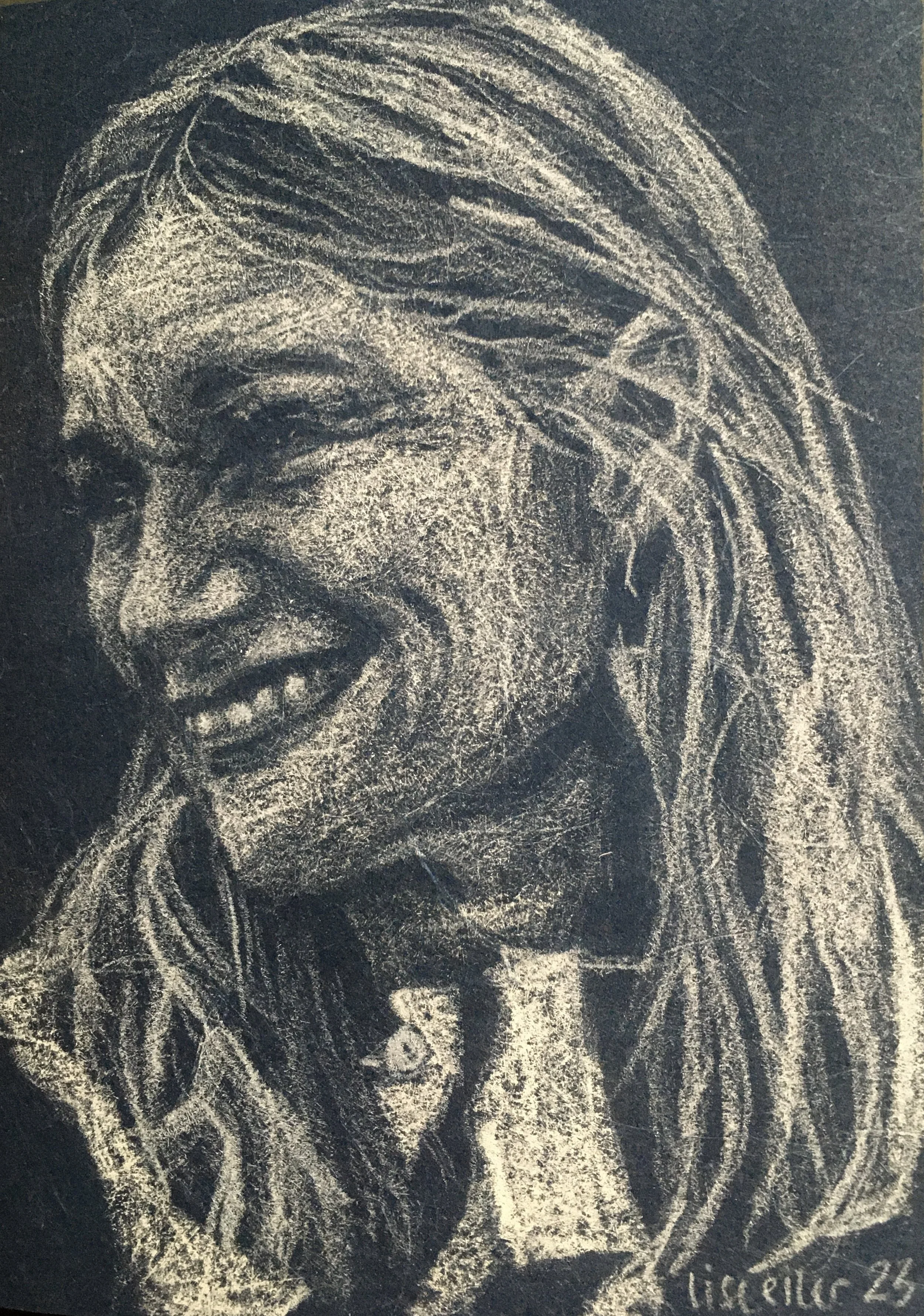 Rikke, 2023, hvid blyant på blåt strukturpapir, 18x13 cm