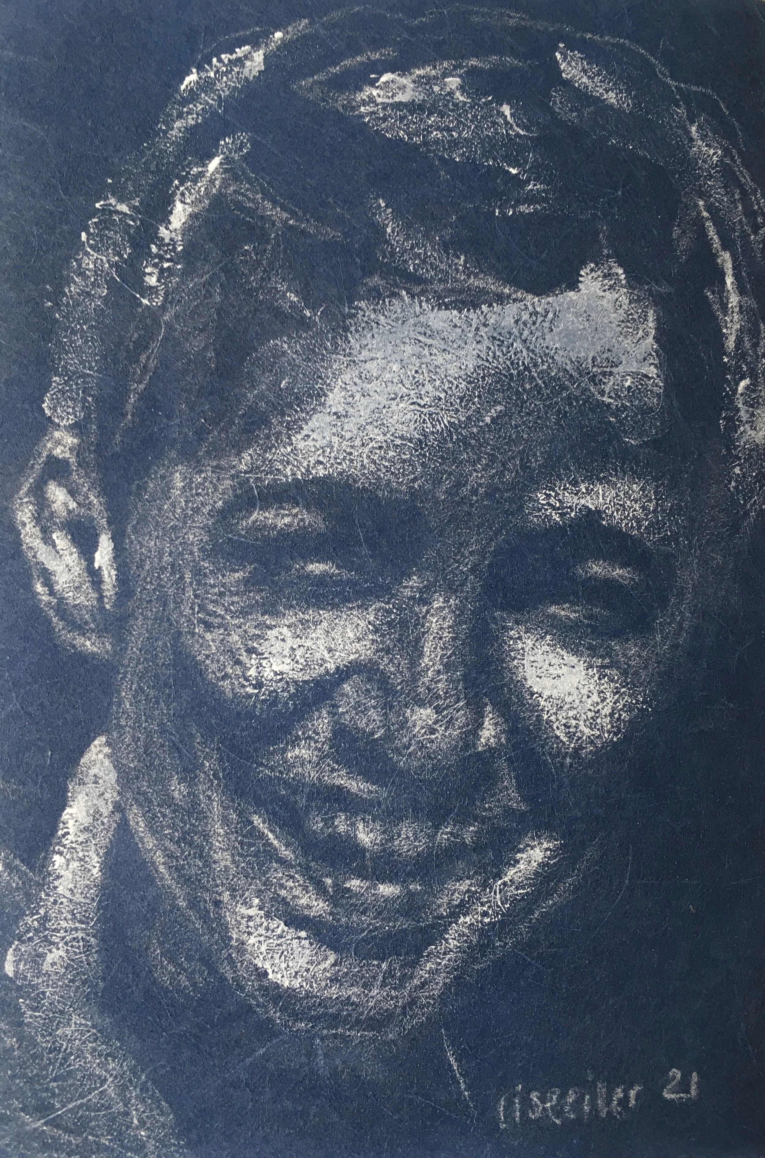 Otto, 2021, hvid blyant på blåt strukturpapir, 18 x 13 cm