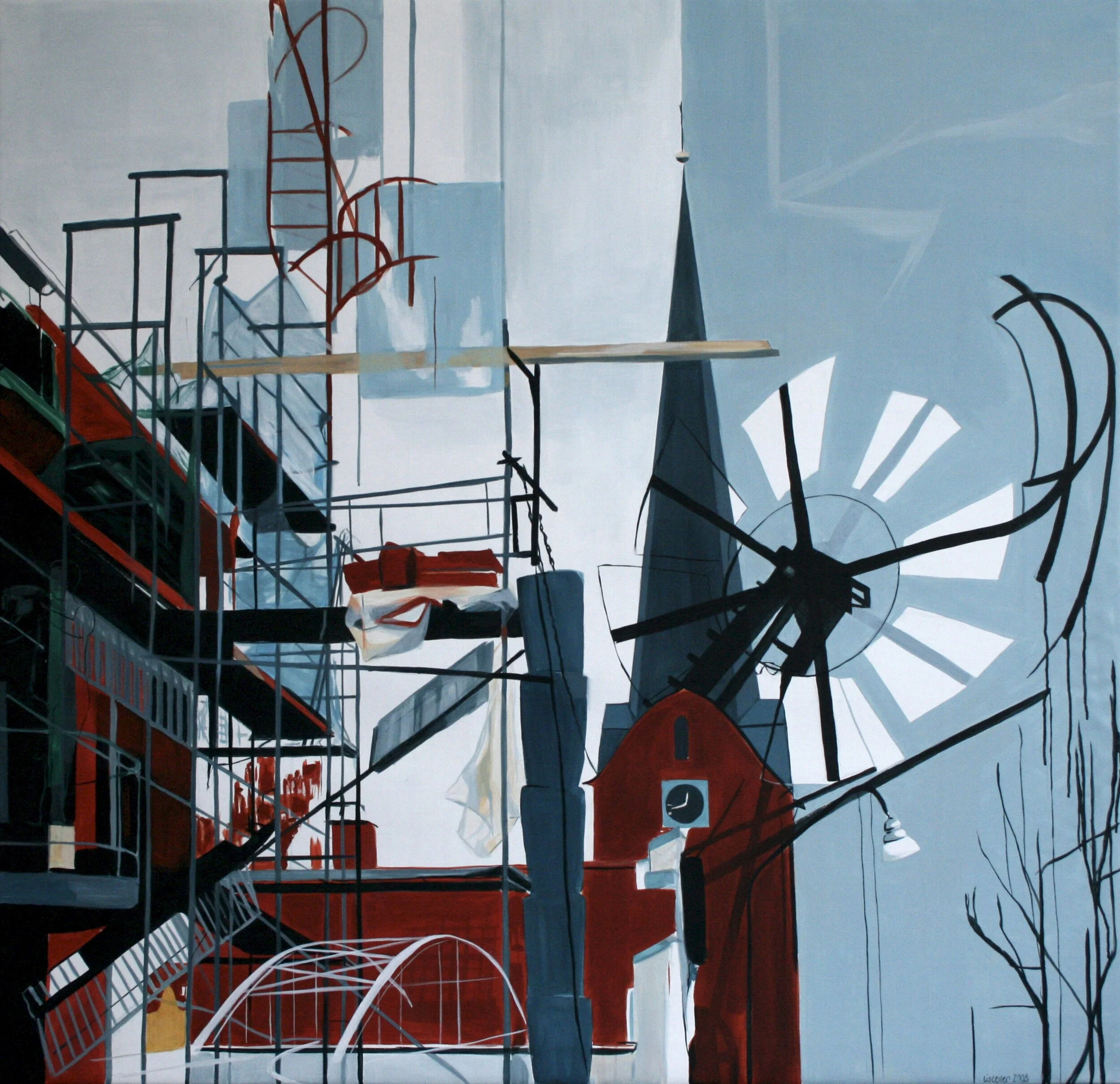Sønderborg sammensmeltning, 2008,
toppen af todelt værk til VUC Sønderborg,
akryl på lærred,
300 x 150 cm