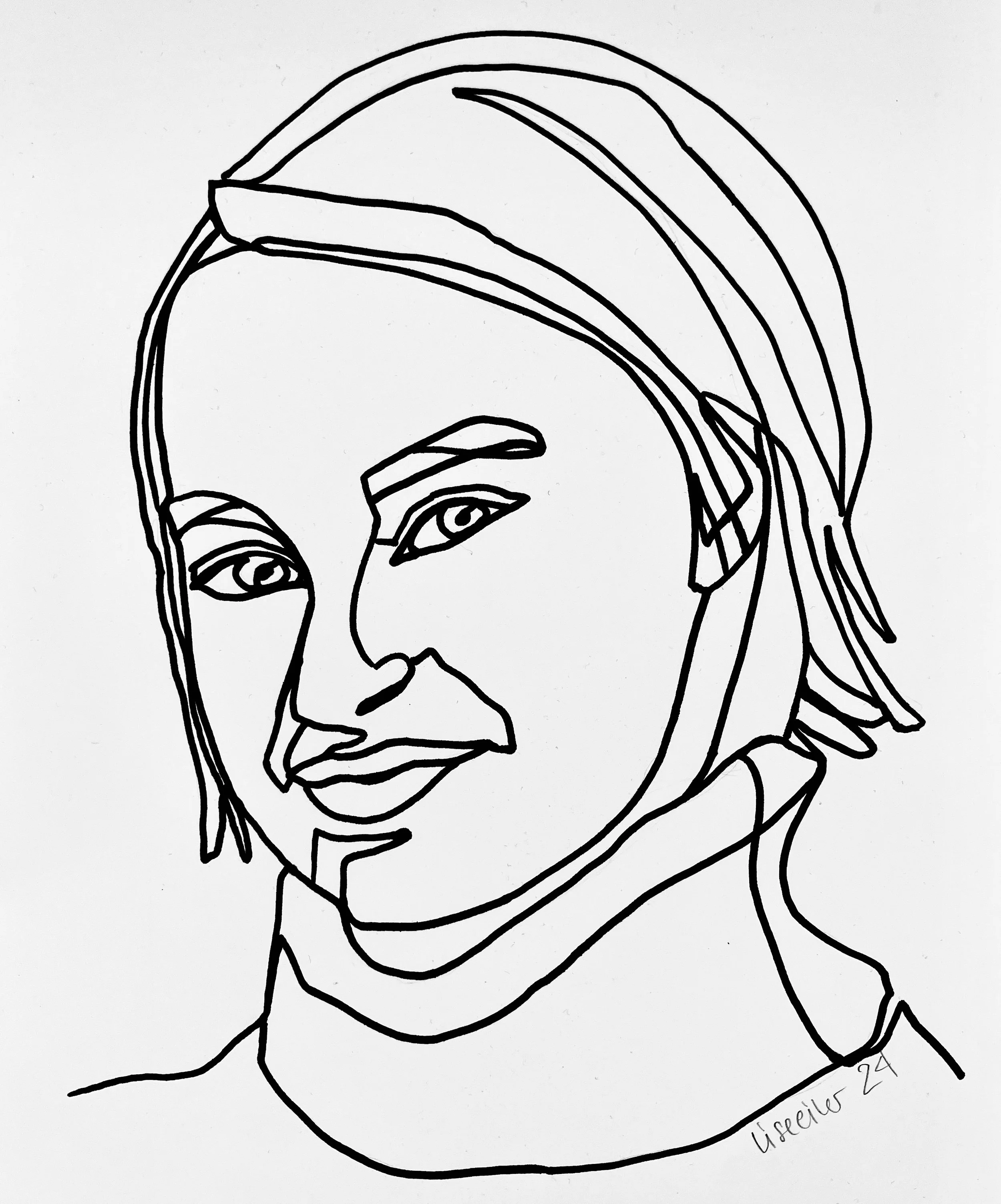 Klara, 2024, tusch på papir, sammenhængende streg, A4
