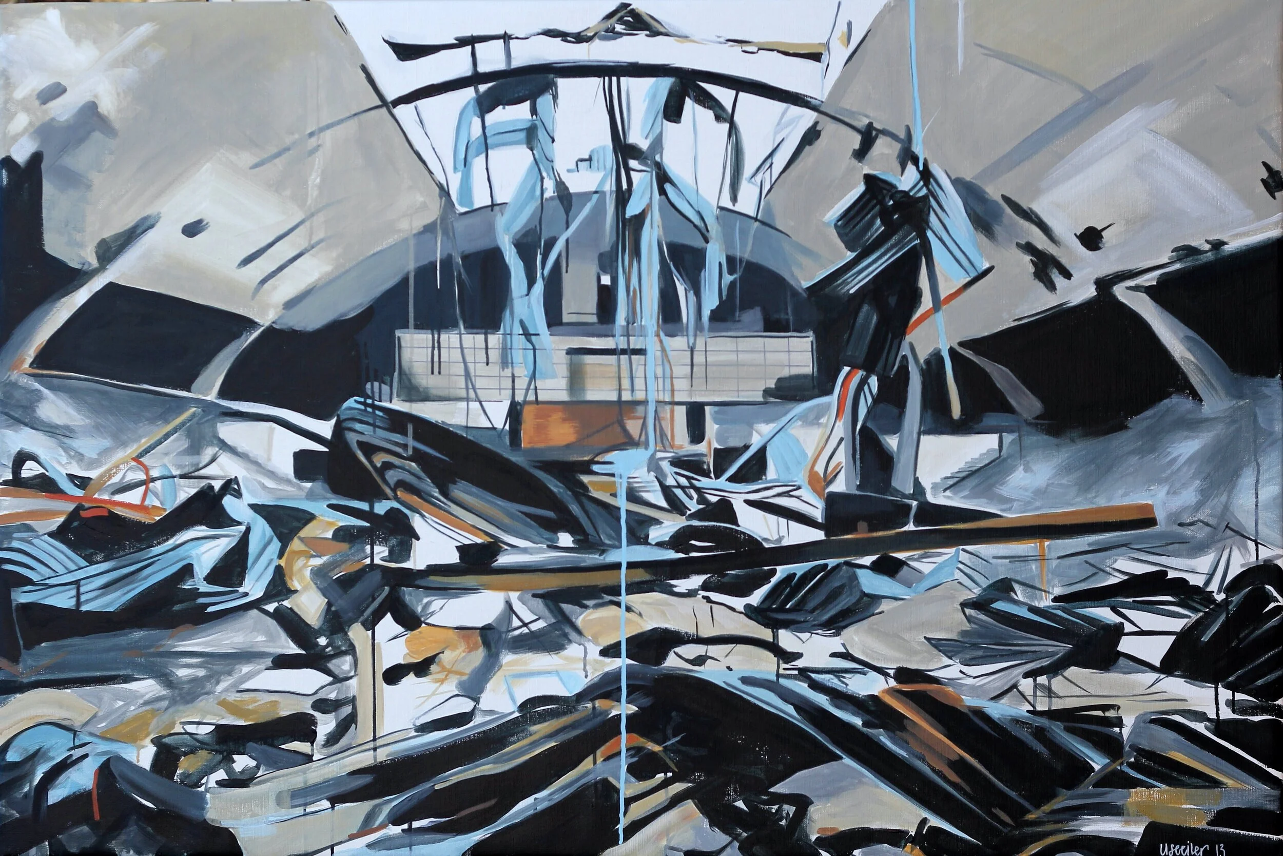 KB Hallen efter brand, 2013,
akryl på lærred,
90 x 135 cm