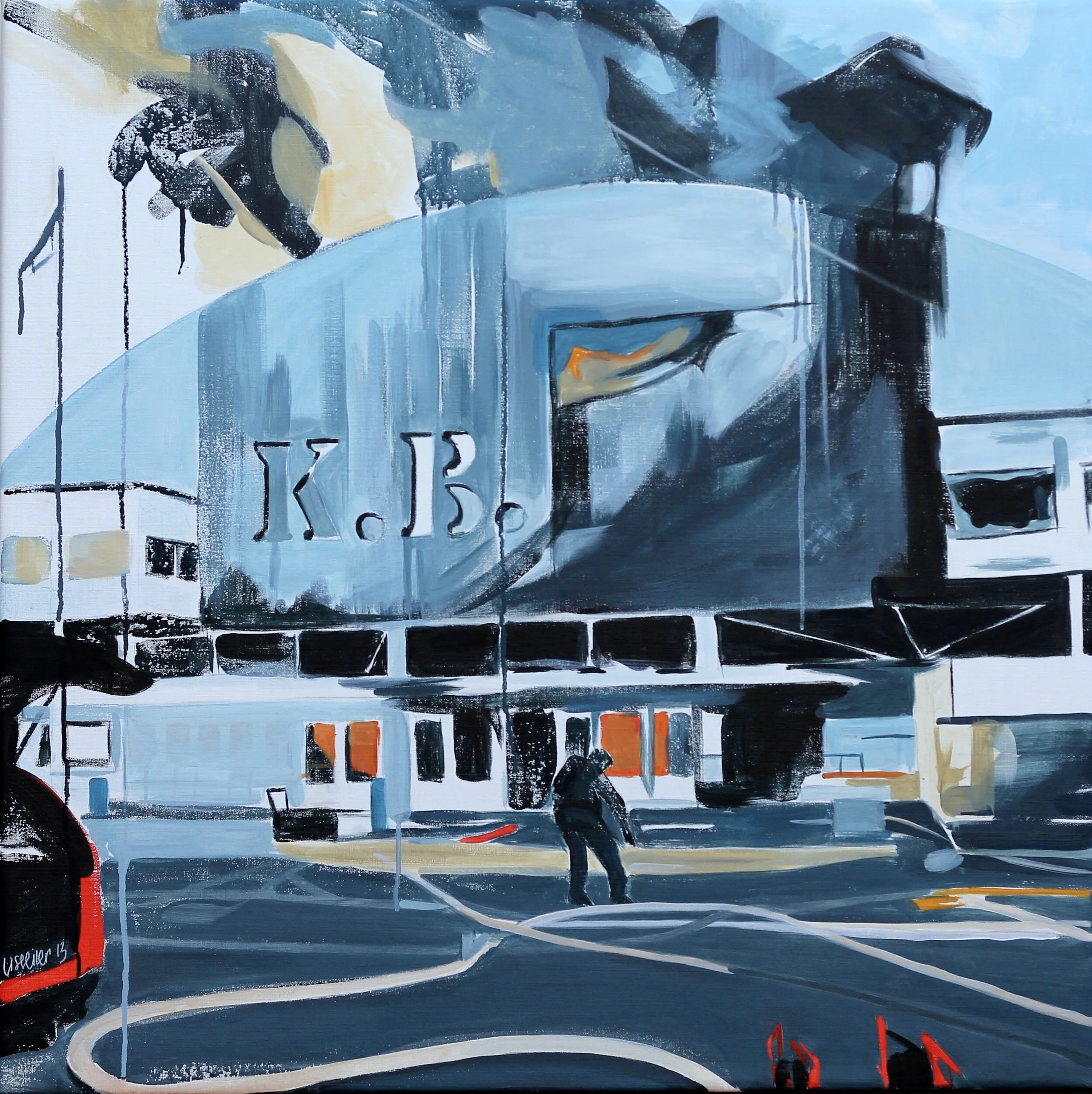 KB Hallen i brand, 2013,
akryl på lærred,
90 x 90 cm