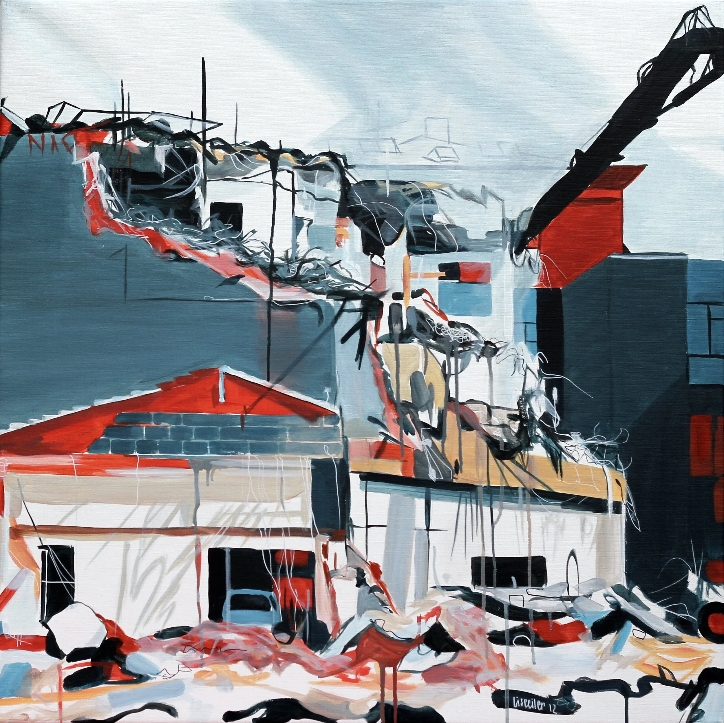 Nedrivning Jagtvej, 2012,
akryl på lærred,
90 x 90 cm