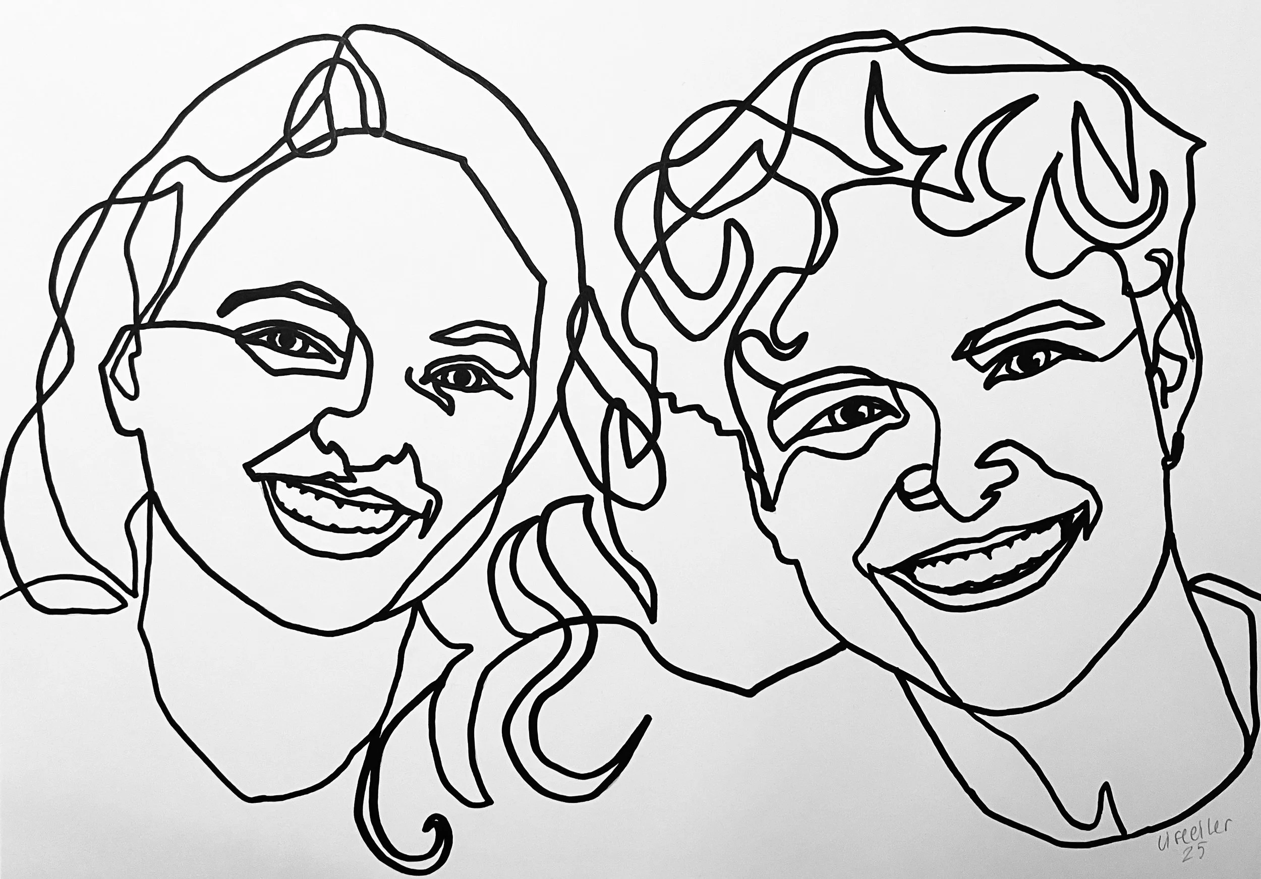 Kamma og Valdemar, 2025, tusch på papir, sammenhængende streg, A3