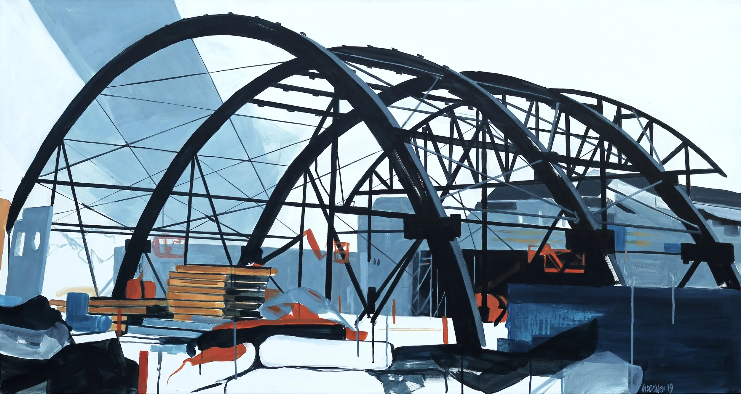 KB Hallen, genskabelse, 2019,
akryl på lærred,
80 x 150 cm