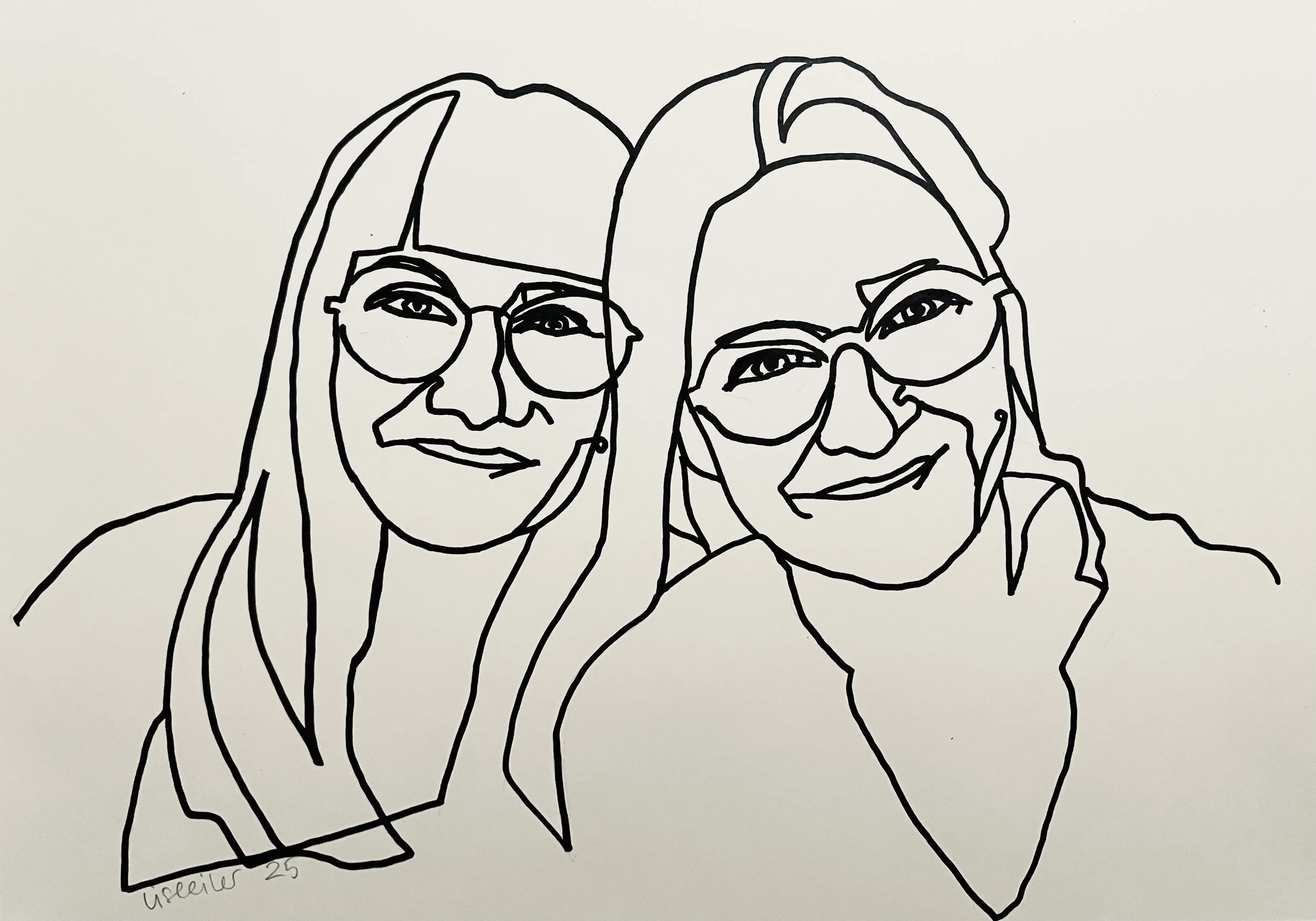 Søstrene Eiler, 2025, tusch på papir, sammenhængende streg, A4