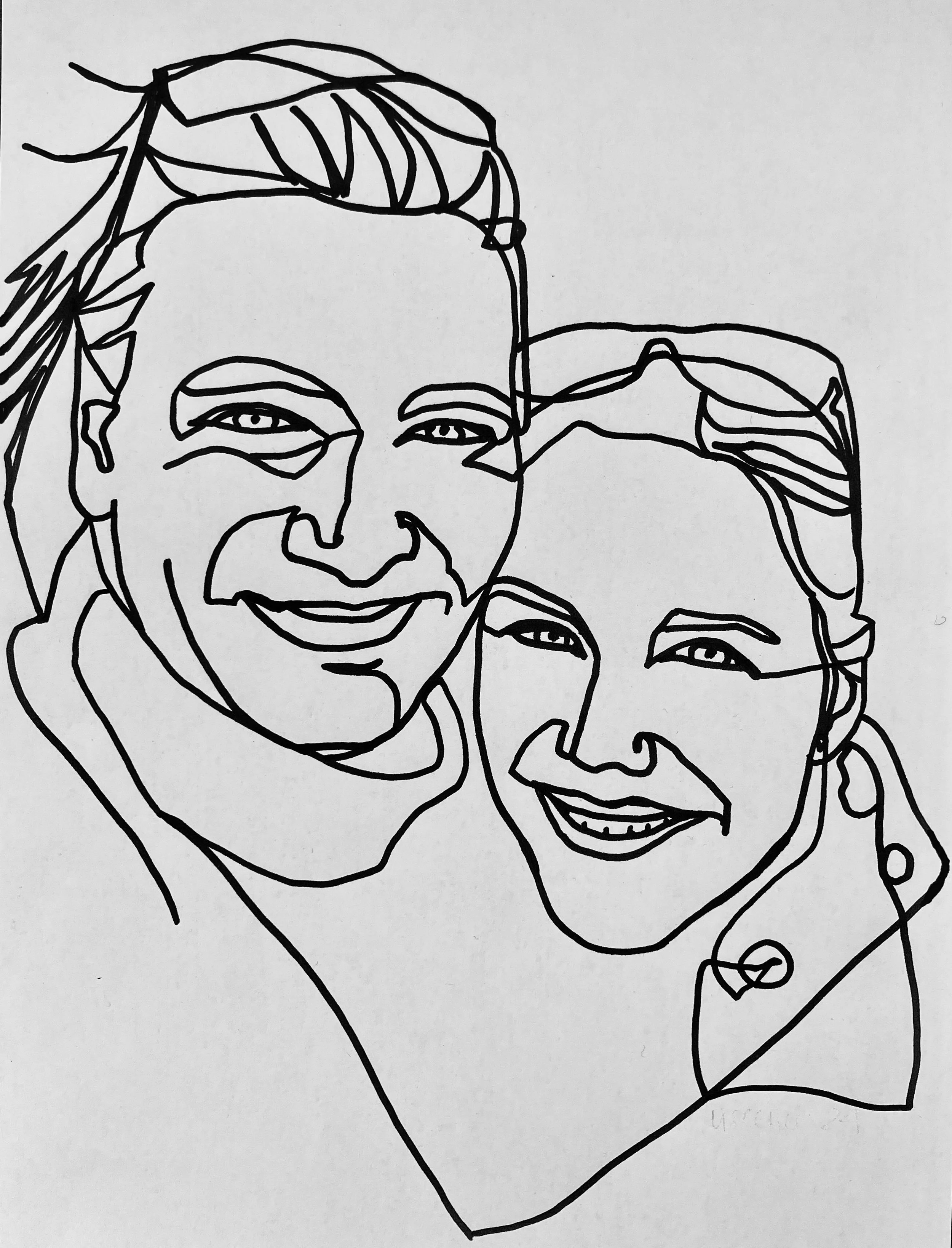 Theis og Andrea, 2024, tusch på papir, sammenhængende streg, A4