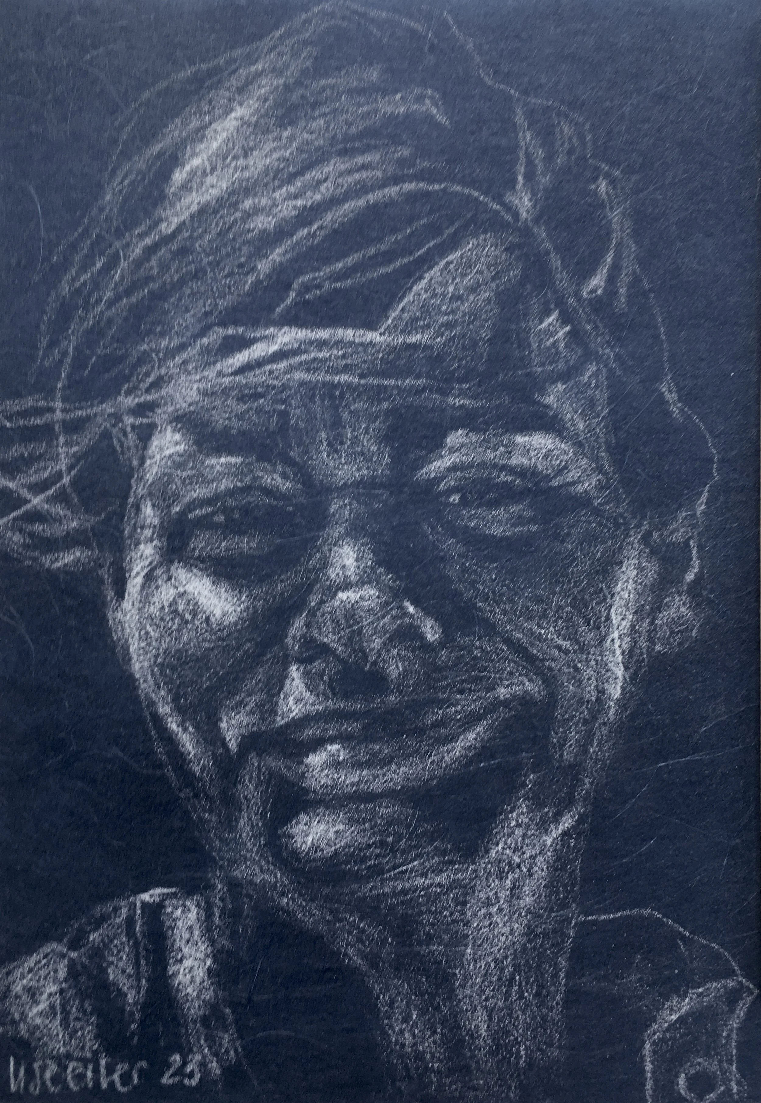 Helle, 2023, hvid blyant på blåt strukturpapir, 18x13 cm