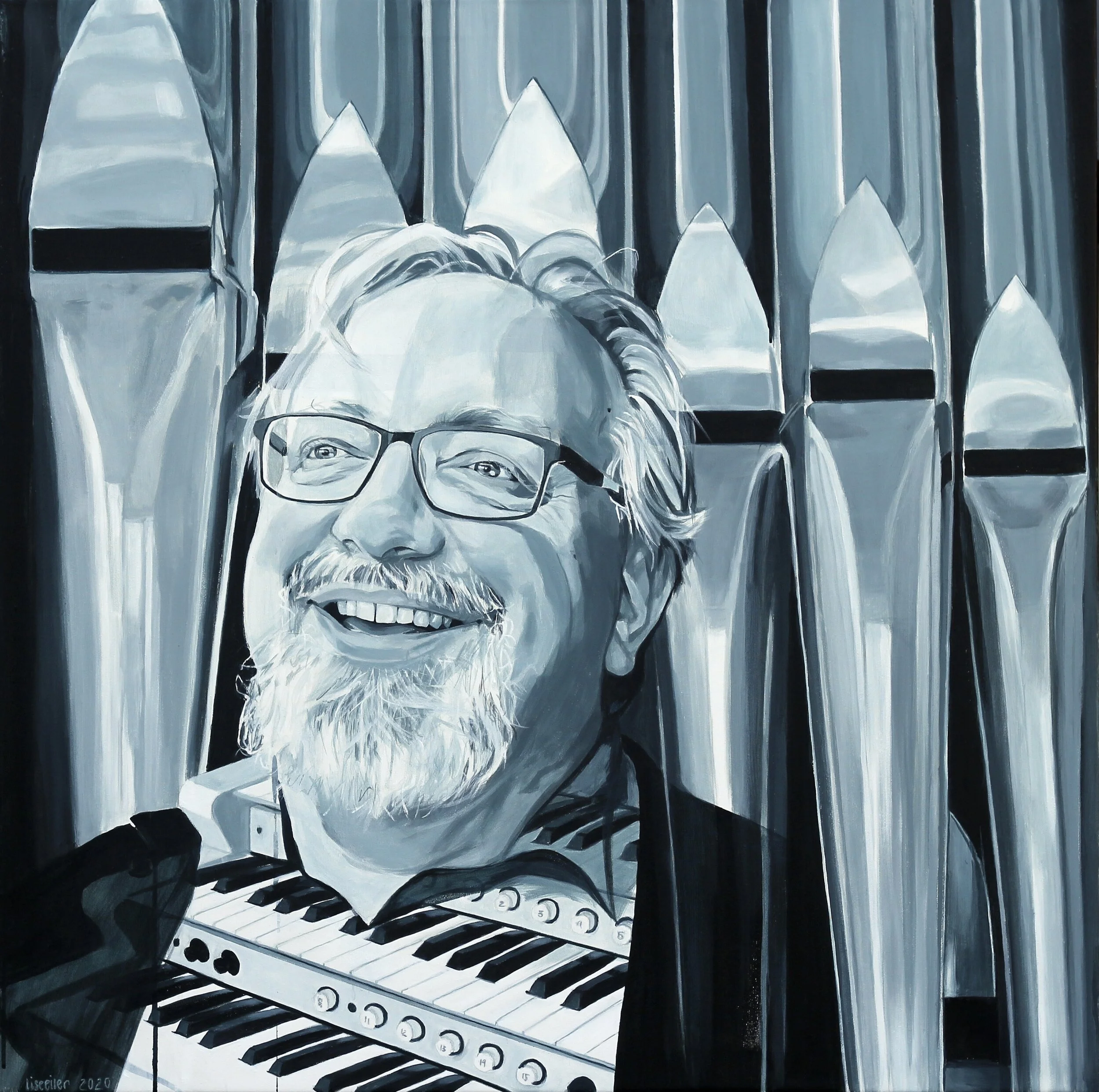 HYBRID/Anders og orgel, 2020,
akryl på lærred, 
100 x 100 cm