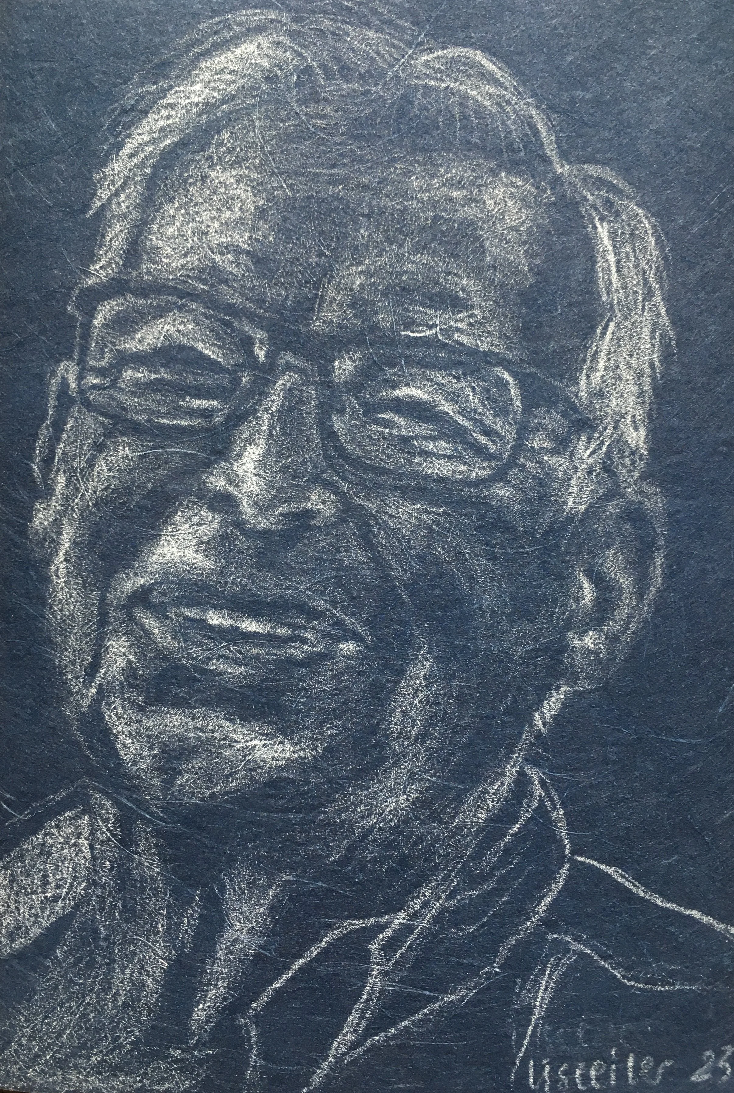 Povl, 2023, hvid blyant på blåt strukturpapir, 18x13 cm