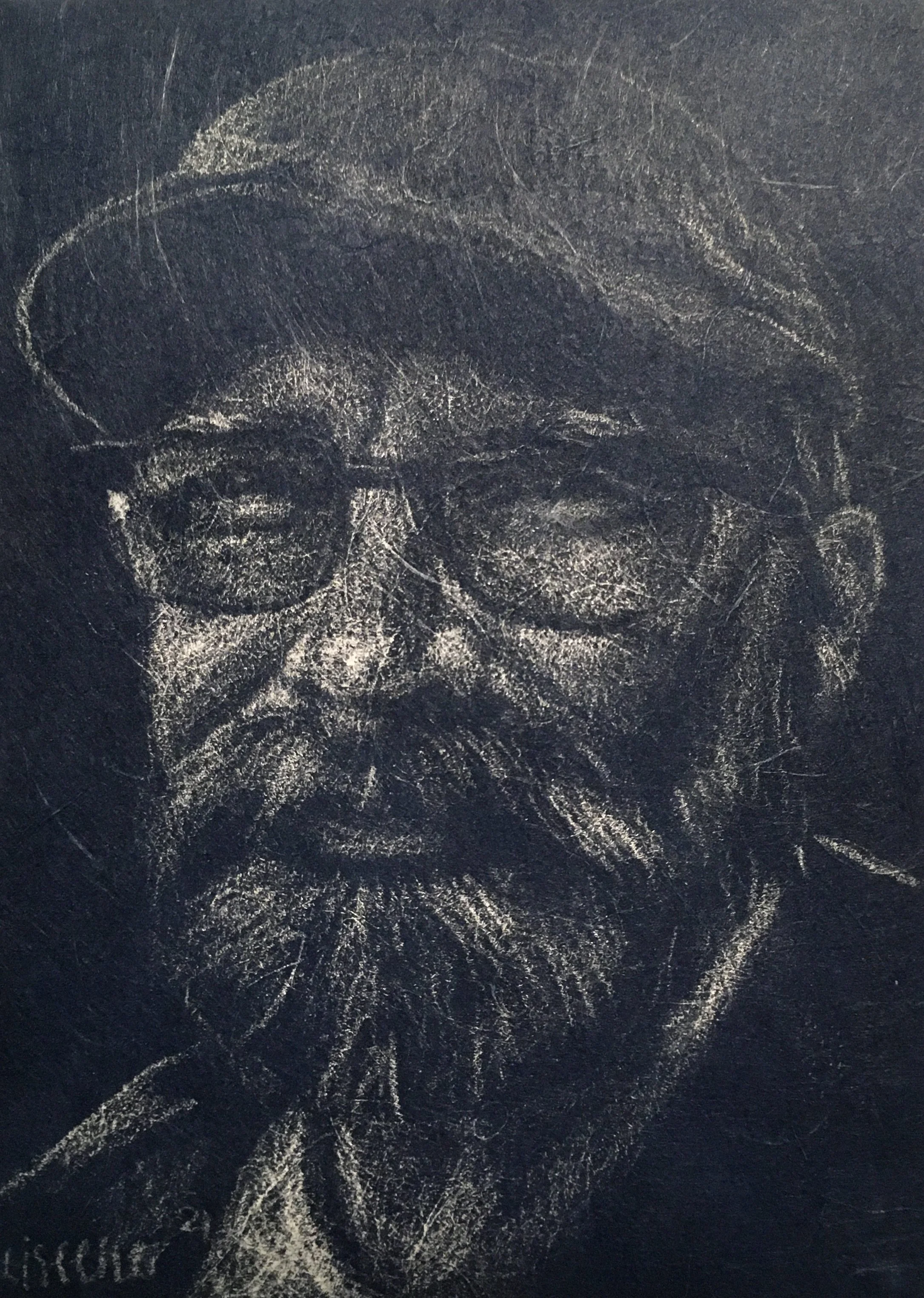 Lasse, 2021, hvid blyant på blåt strukturpapir, 18 x 13 cm