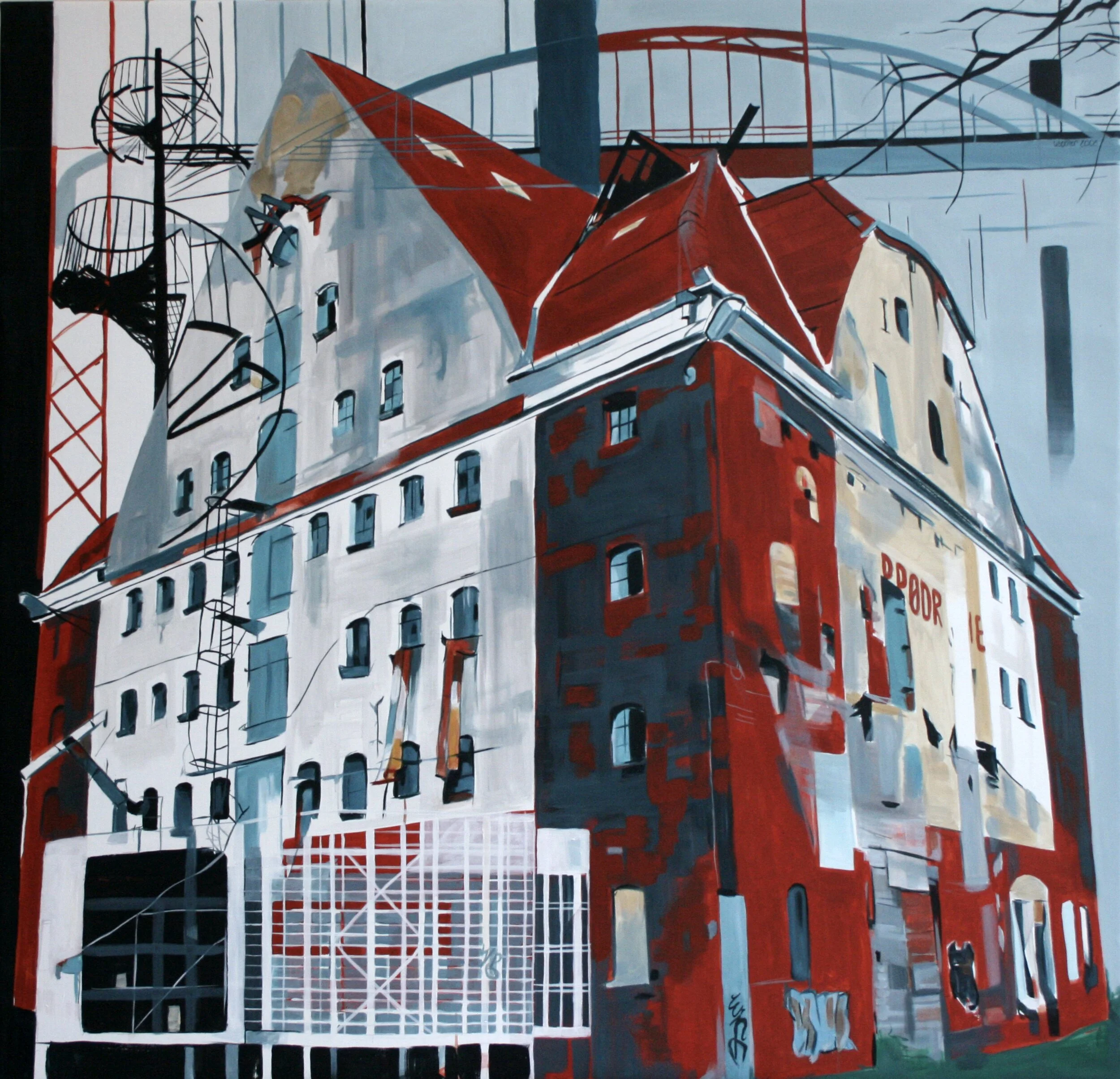 Sønderborg sammensmeltning, 2008,
bunden af todelt værk til VUC Sønderborg,
akryl på lærred,
300 x 150 cm