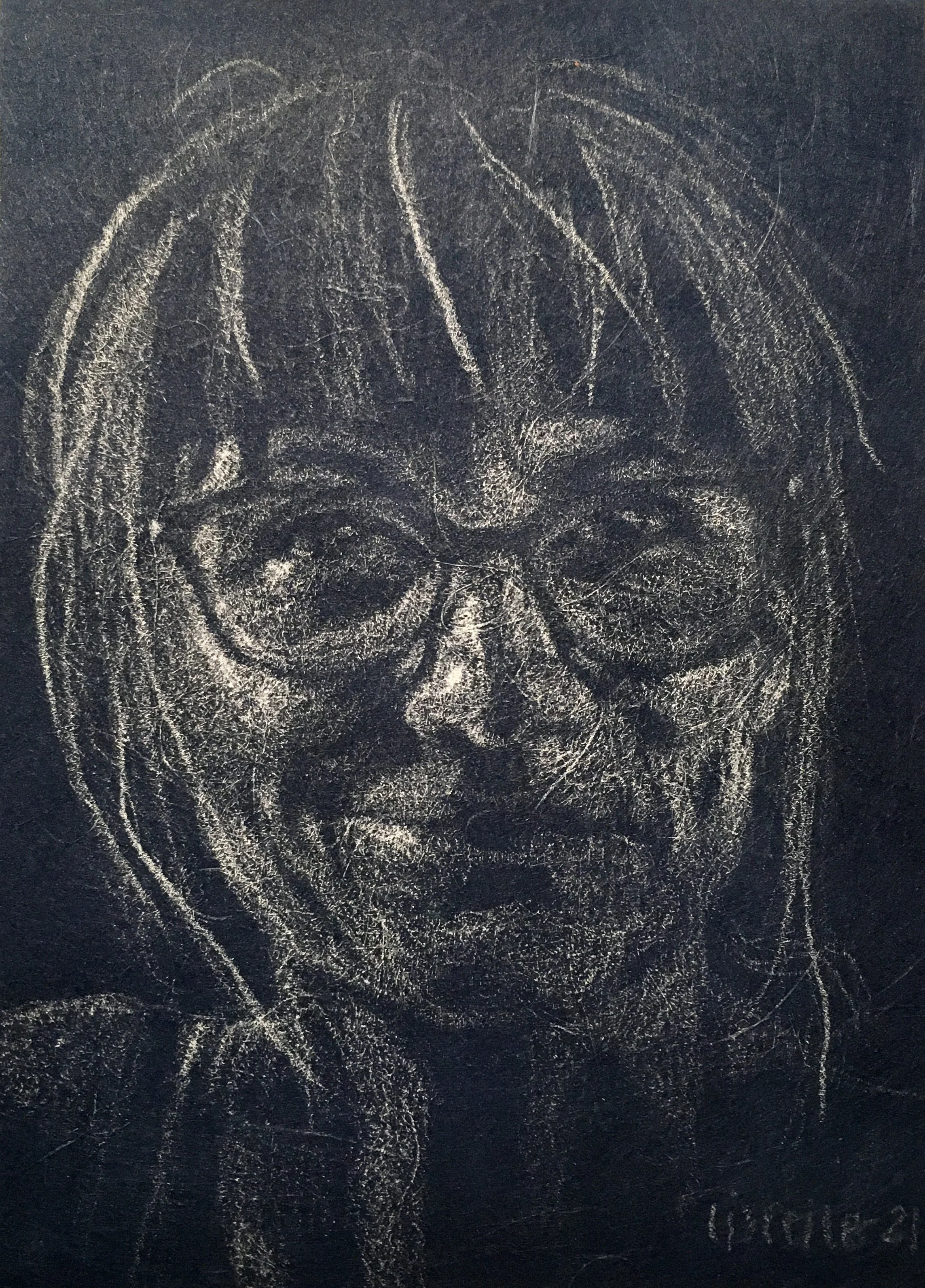 Lise, 2021, hvid blyant på blåt strukturpapir, 18 x 13 cm