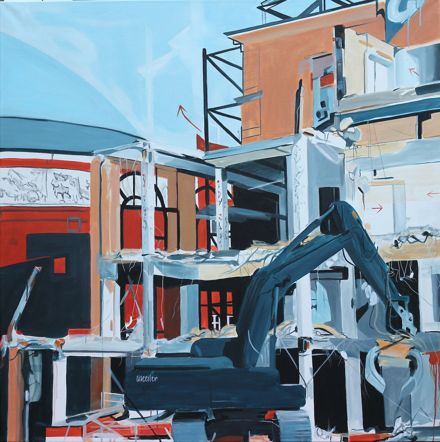 Scala nedrivning, 2012,
akryl på lærred,
150 x 150 cm