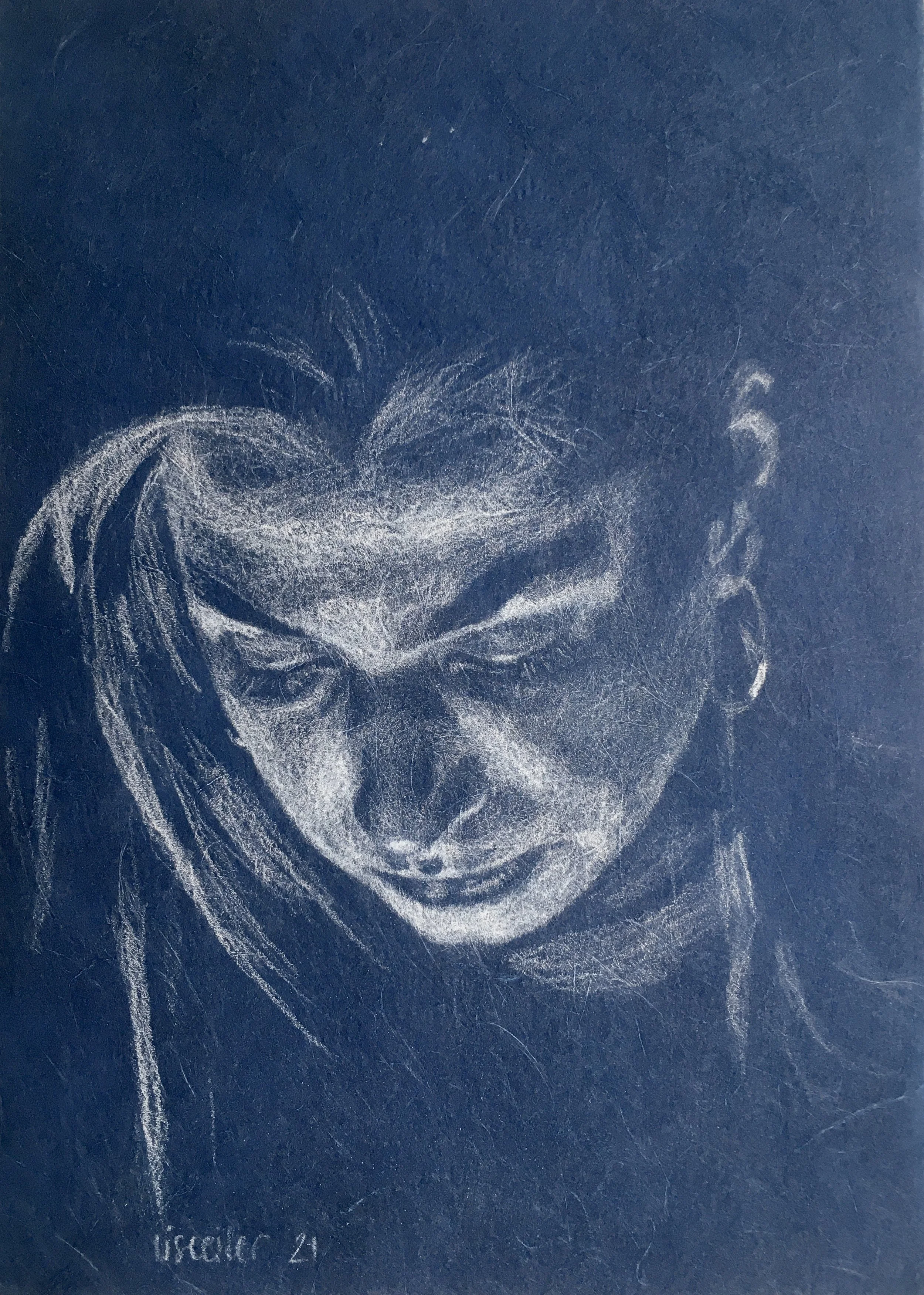 Oplyst, 2021, hvid blyant på blåt strukturpapir, 30 x 21 cm