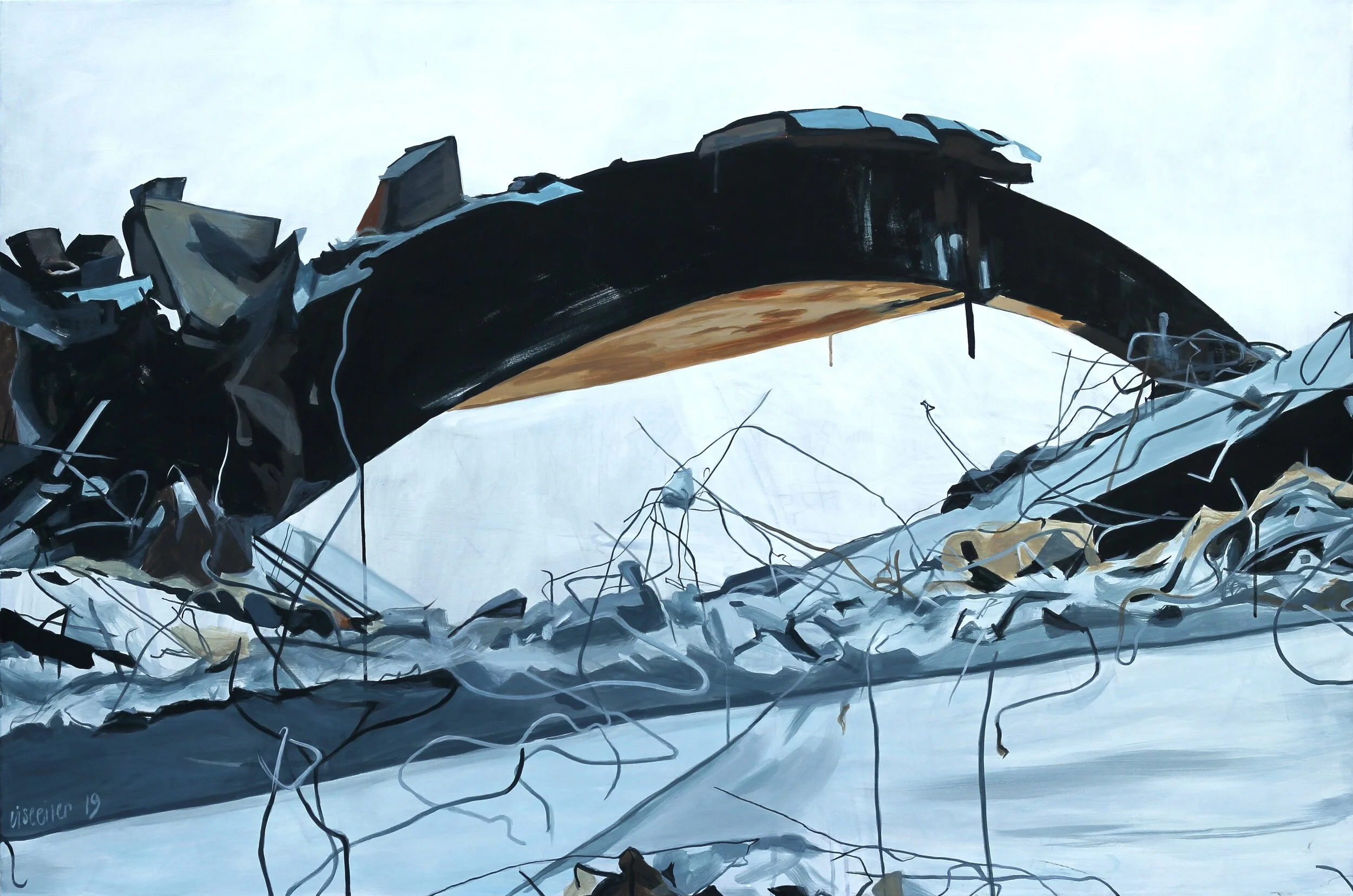 KB Hallen, nedbrydning, 2019,
akryl på lærred,
100 x 150 cm