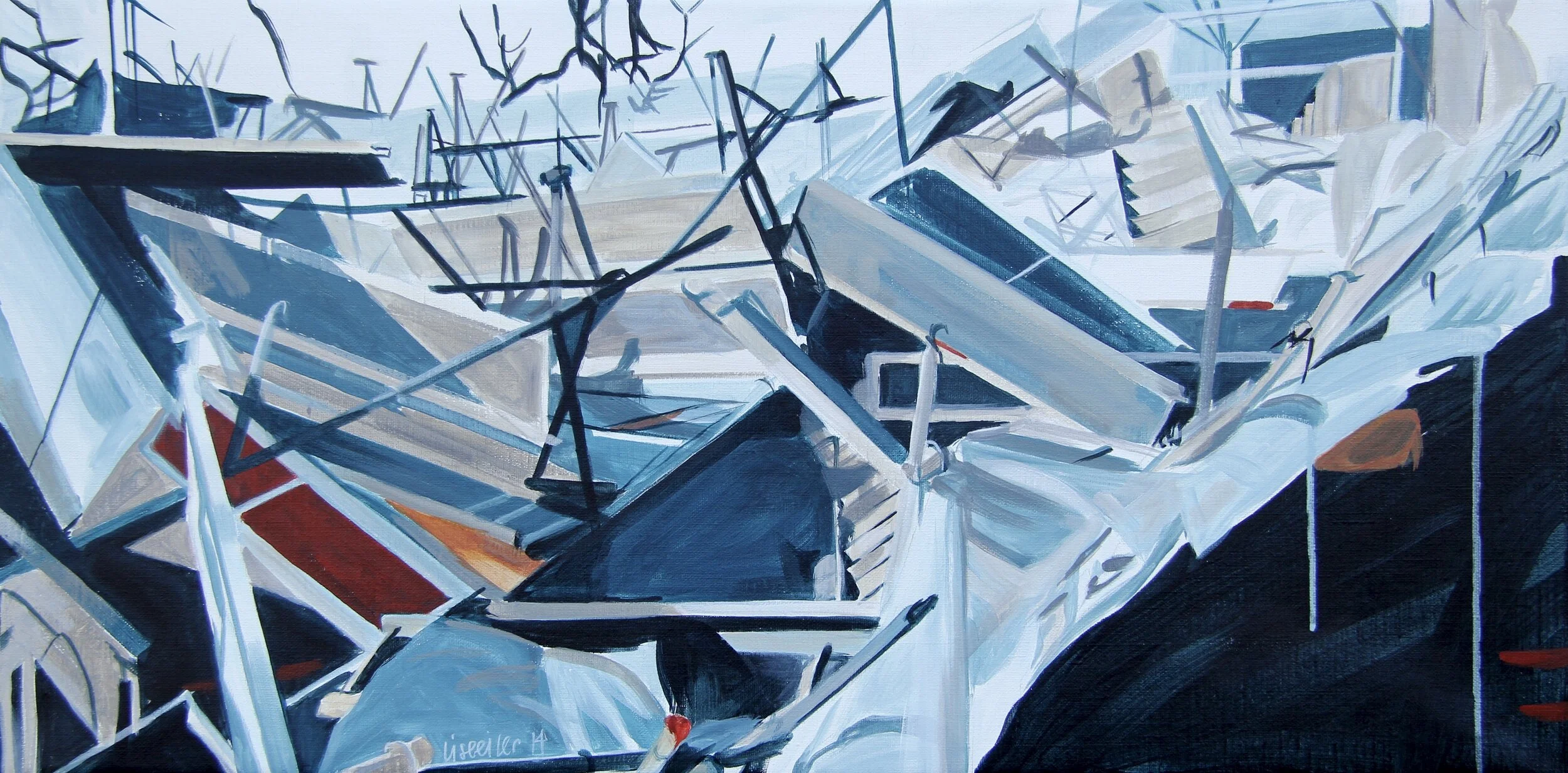 Bispegården kollaps, 2014, 
akryl på lærred,
45 x 90 cm