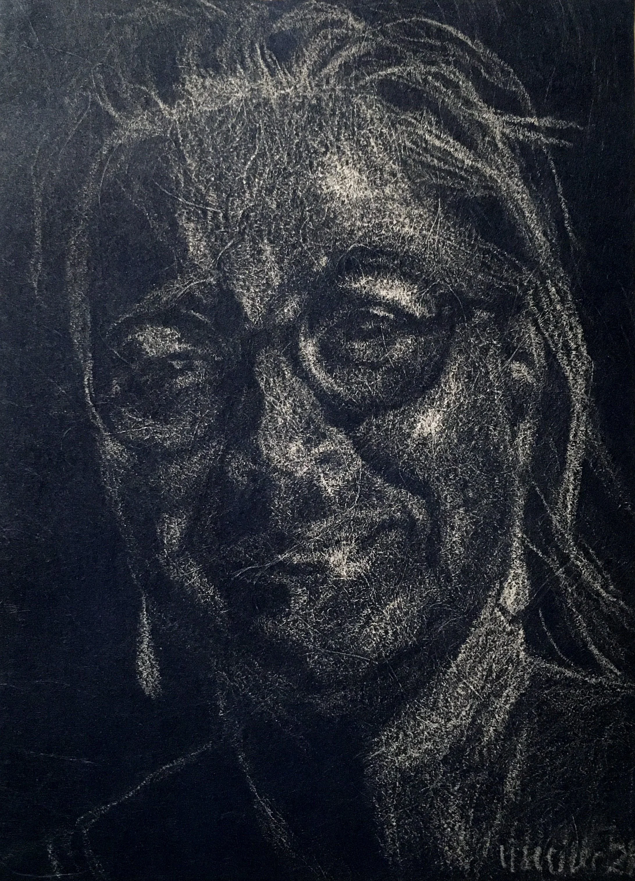 Maj, 2021, hvid blyant på blåt strukturpapir, 18 x 13 cm