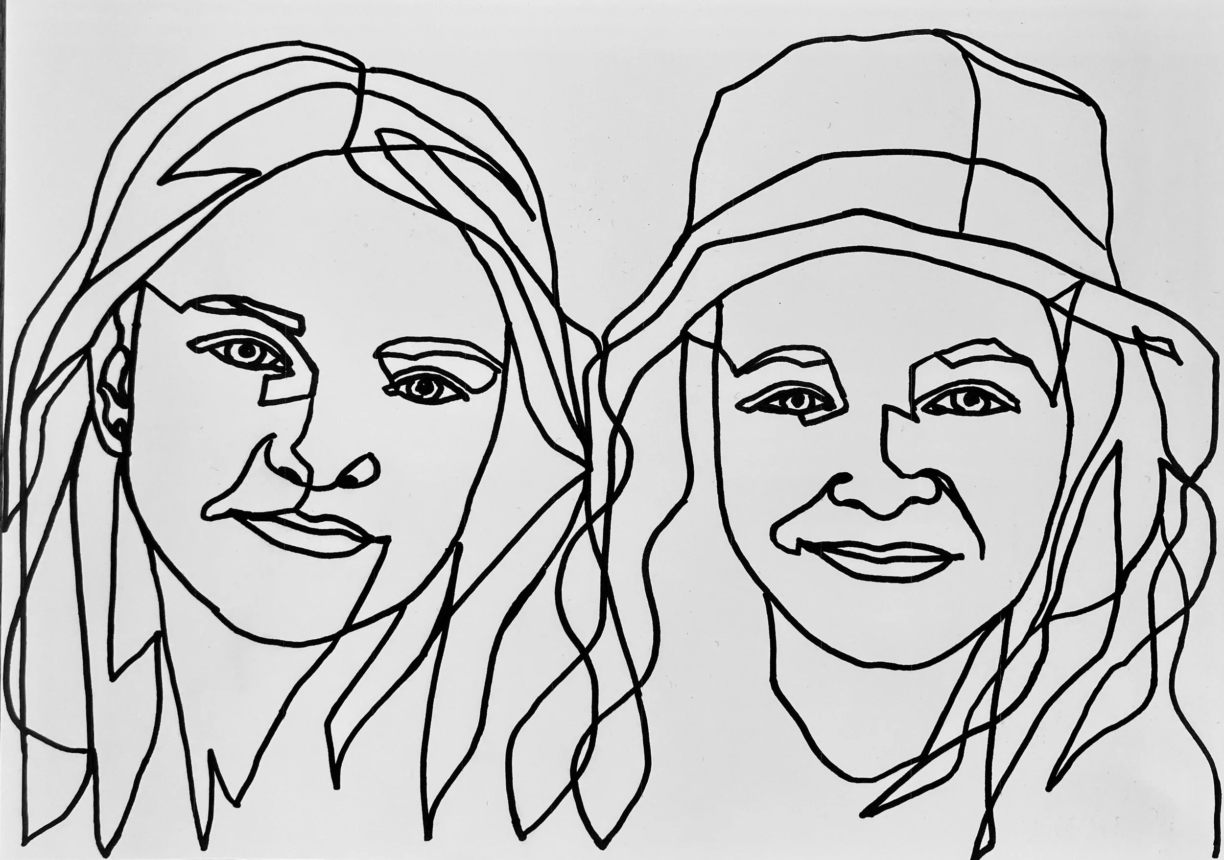 Esther og Ellinor, 2024, tusch på papir, sammenhængende streg, A4