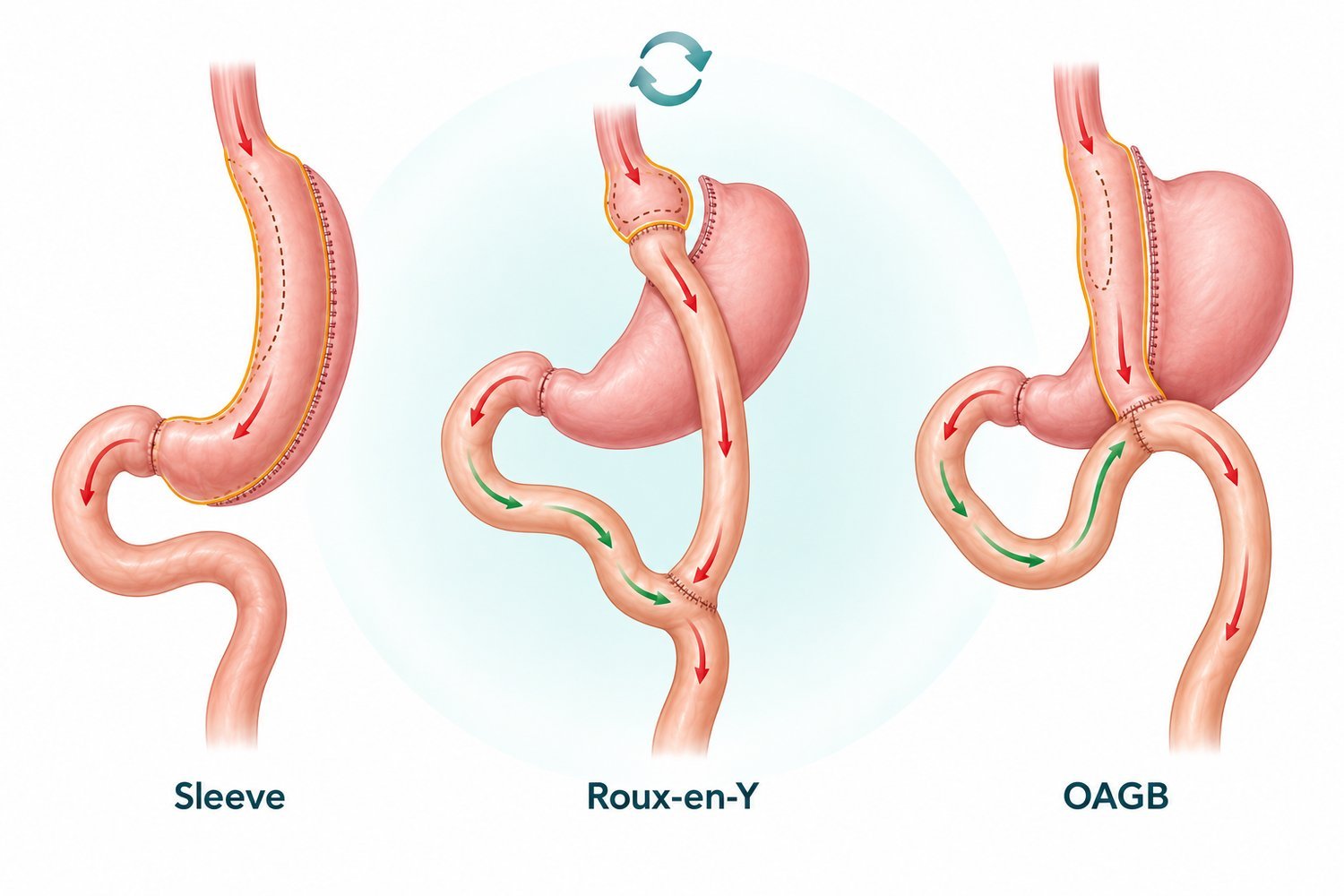Vergelijking van gastric sleeve, gastric bypass (Roux-en-Y) en omega- of mini-gastric bypass (OAGB) bij revisiechirurgie