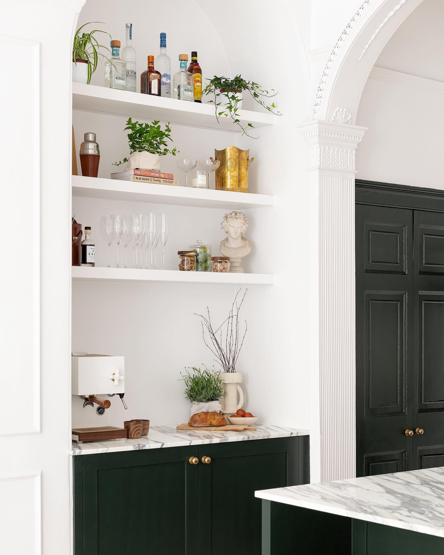 Hello drinks station! When designing this space we really wanted to make a feature out of the huge existing arches while also creating something practical. Much like your favourite outfit that transitions from day to night, so does this little nook. 