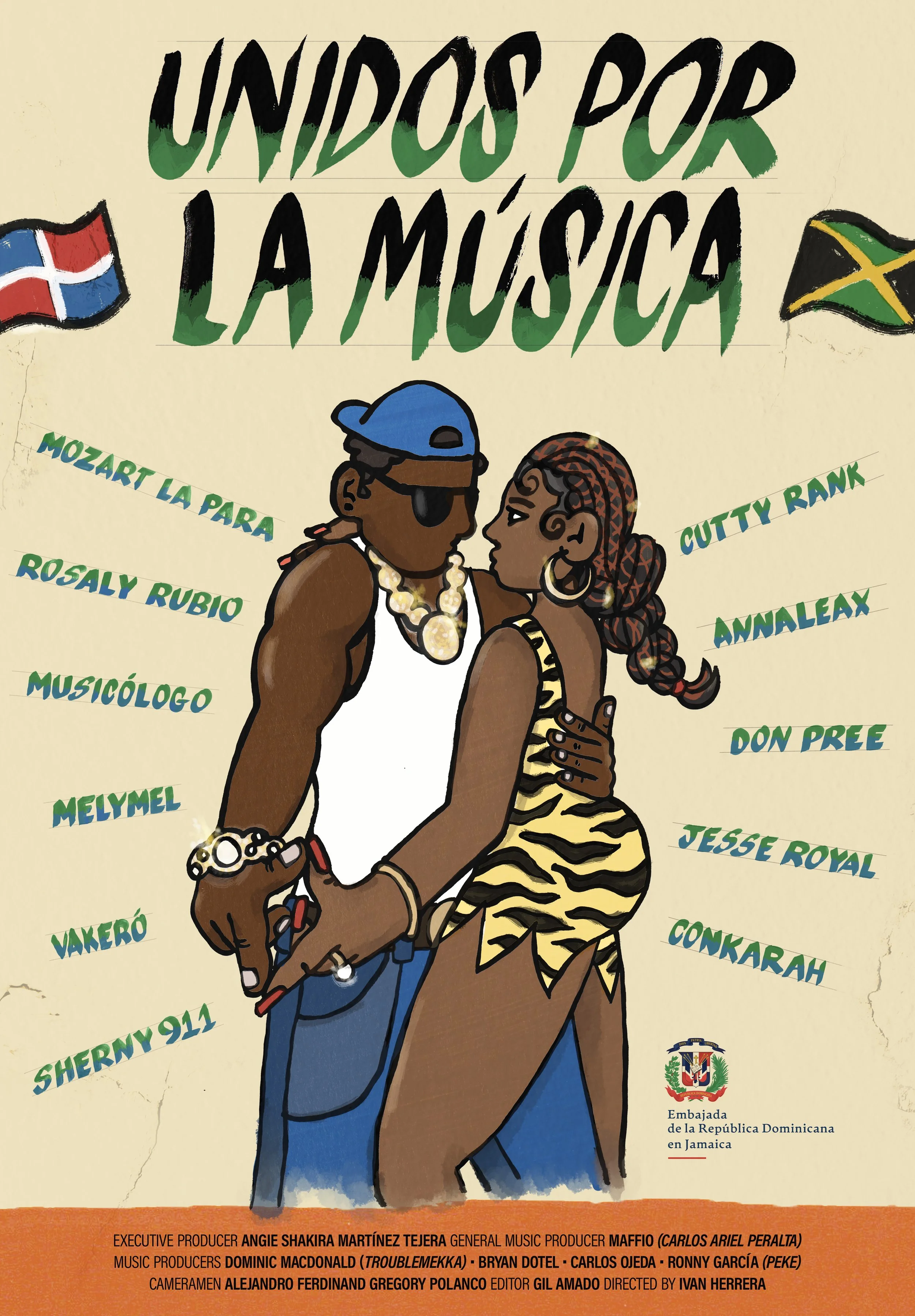 Poster para cortometraje documental sobre el intercambio musical entre República Dominicana y Jamaica.
