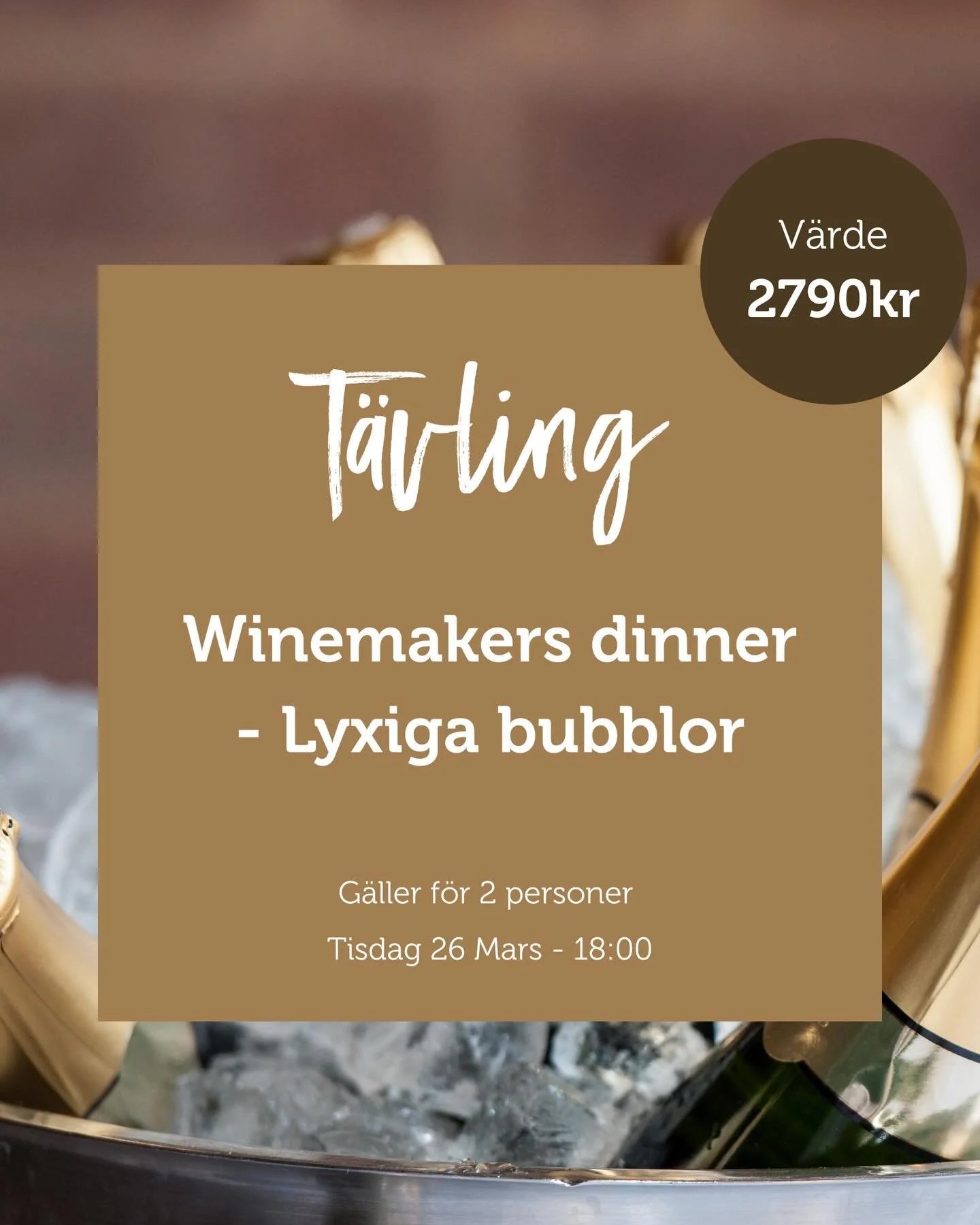 T&Auml;VLING ✨

Vinn tv&aring; platser till v&aring;r fantastiska winemakers dinner - Lyxiga bubblor. 

Kv&auml;llen leds av sommelier Alexander Lundin som bjuder p&aring; en resa i bubblets tecken. Till detta serveras fem noggrant komponerade sm&ari