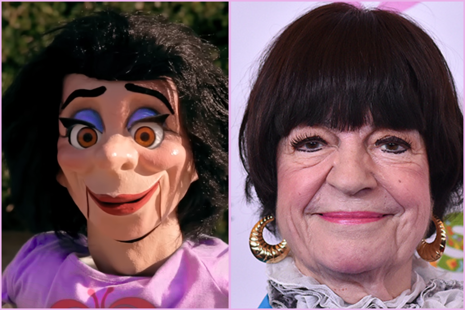 Side-by-side images of Miss Rachel, the white-presenting doll from Paranormal Adoption, and white woman actor Jo Anne Worley in her mature years. Both are smiling, have short, black hair, and wear makeup. Miss Rachel kind of resembles Worley.
