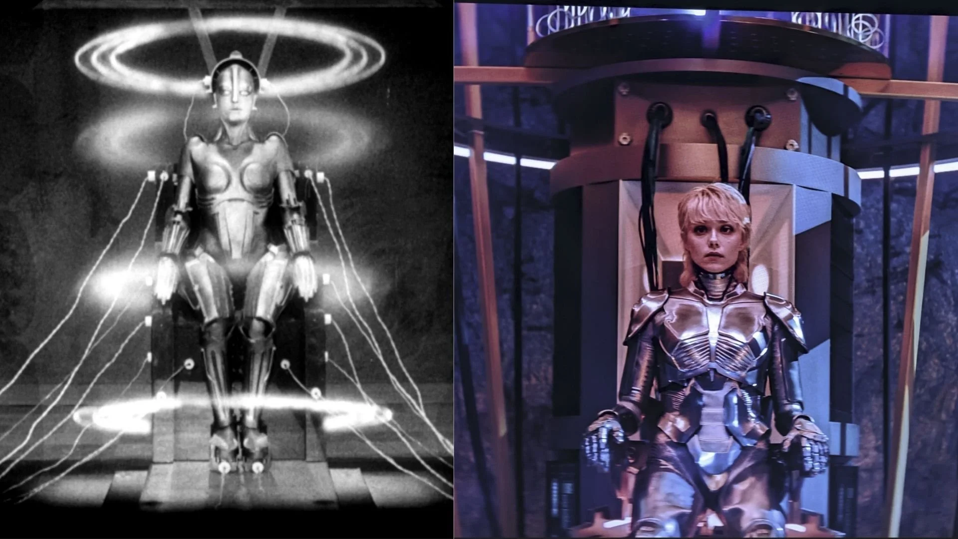 Two screenshots side-by-side, of Maria from Metropolis and Amelia from M3GAN 2.0. Both are sitting in futuristic chairs with cables and bright rings. Amelia seems to be an homage to Maria.