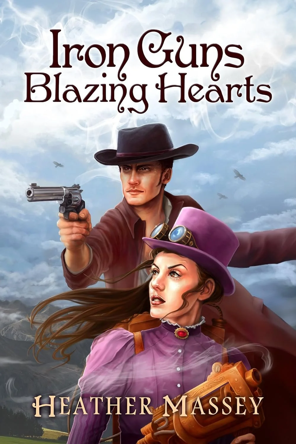 Cover for Heather Massey's Weird West steampunk romance Iron Guns, Blazing Hearts. Features the main white couple in action poses against the American west landscape.
