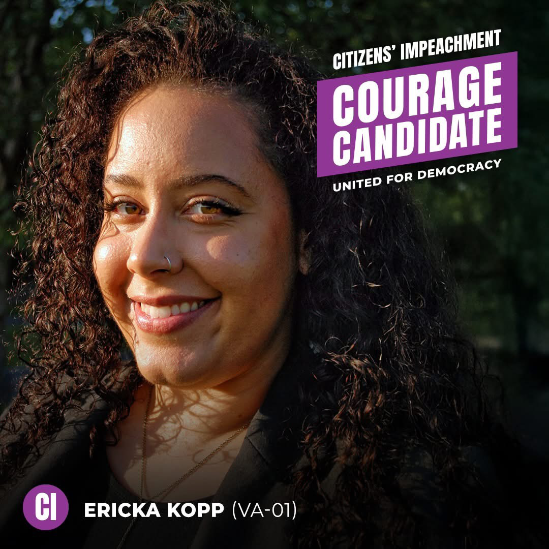 Courage Candidate graphic for CD1 Democratic primary candidate Ericka Kopp. Features her picture with the "Courage Candidate" white and purple logo on the upper right hand side.