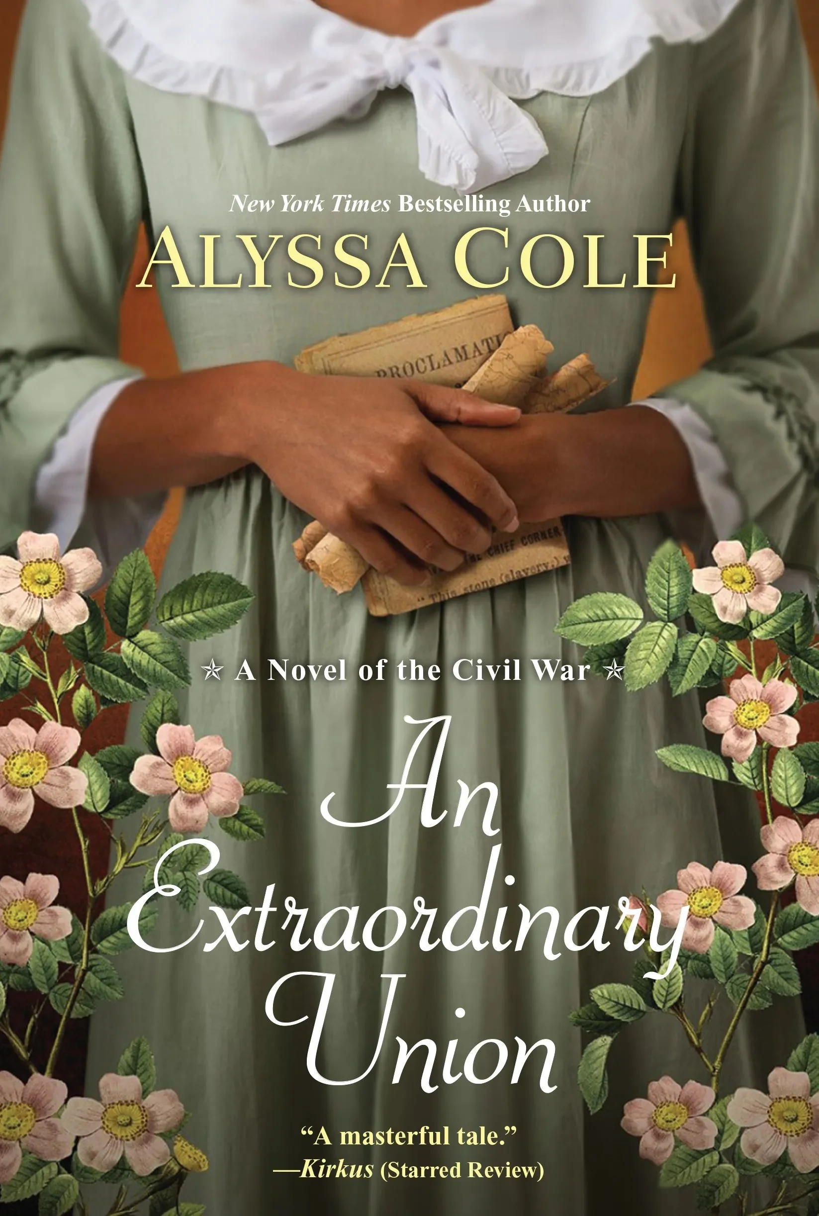 Cover for Alyssa Cole's historical romance An Extraordinary Union. Features the female MC from the neck down. She's wearing a green, Civil-War era dress and holding a copy of the emancipation proclamation in her hands.