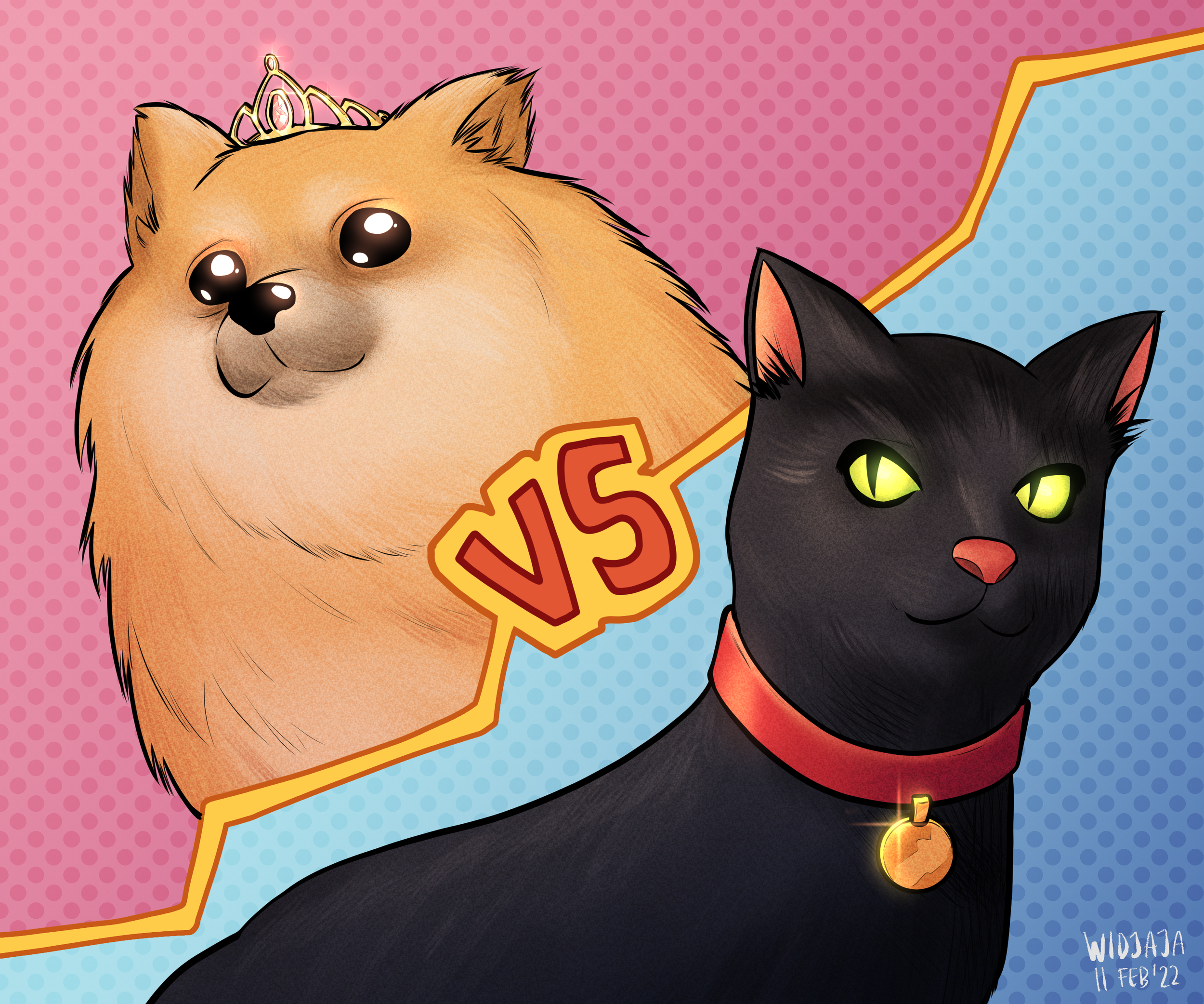 Bonus art of the Disaster Pets from Heather Massey's time travel romance, Julie and Winifred's Most Excellent Adventure. Features a Pomeranian dog and an American short hair cat in a comic book style, with "vs" on the diagonal between the two pets.