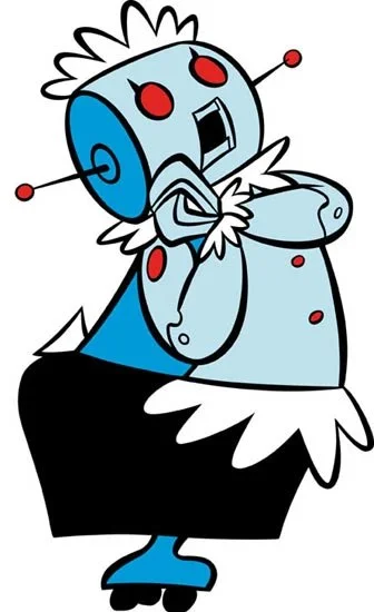 Rosey the Robot from the animated comedy series The Jetsons. She's a blue robot wearing a black and white maid's outfi. She's clasping her hands in apparent delight.
