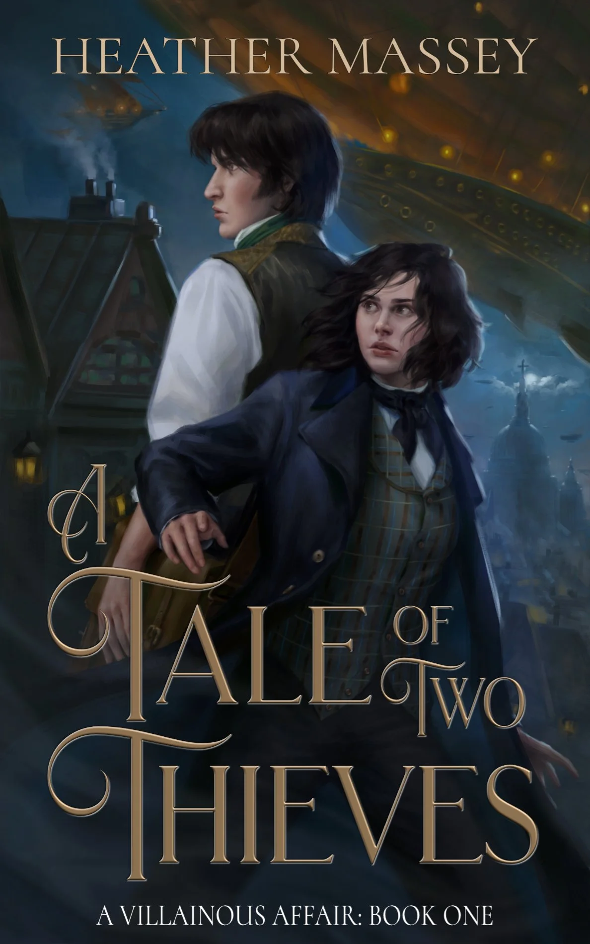 Cover for Heather Massey's steampunk romance A Tale of Two Thieves. Features the main couple standing back-to-back against a nighttime London backdrop with airships in the sky.