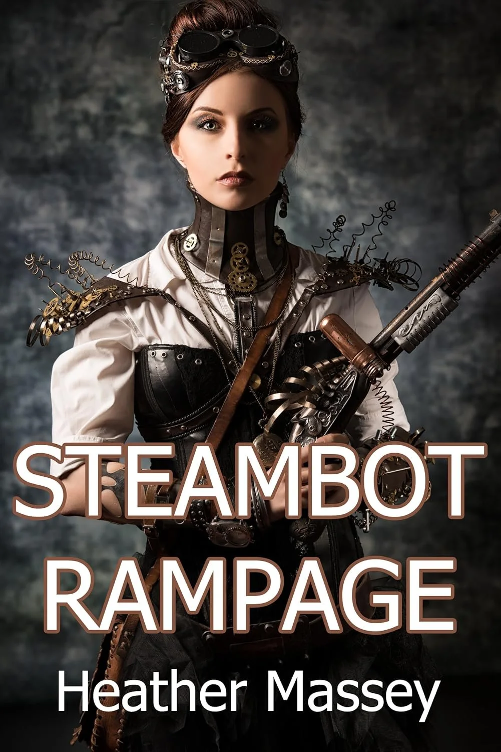 Cover for Heather Massey's steampunk romance short story Steambot Rampage. Features a white, conventionally attractive woman with brown hair dressed in a Victorian steampunk outfit and she holds a steampunk rifle.