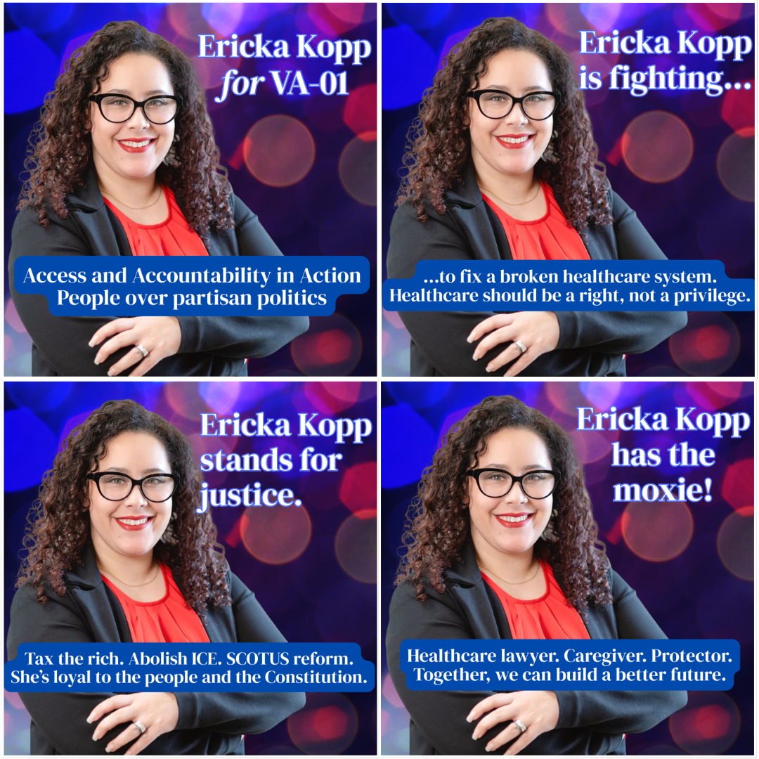 A stylized, four-image grid featuring the same picture of Ericka Kopp against a bokeh red, blue, and purple background. Each square feature her name and describes issues she stands for.