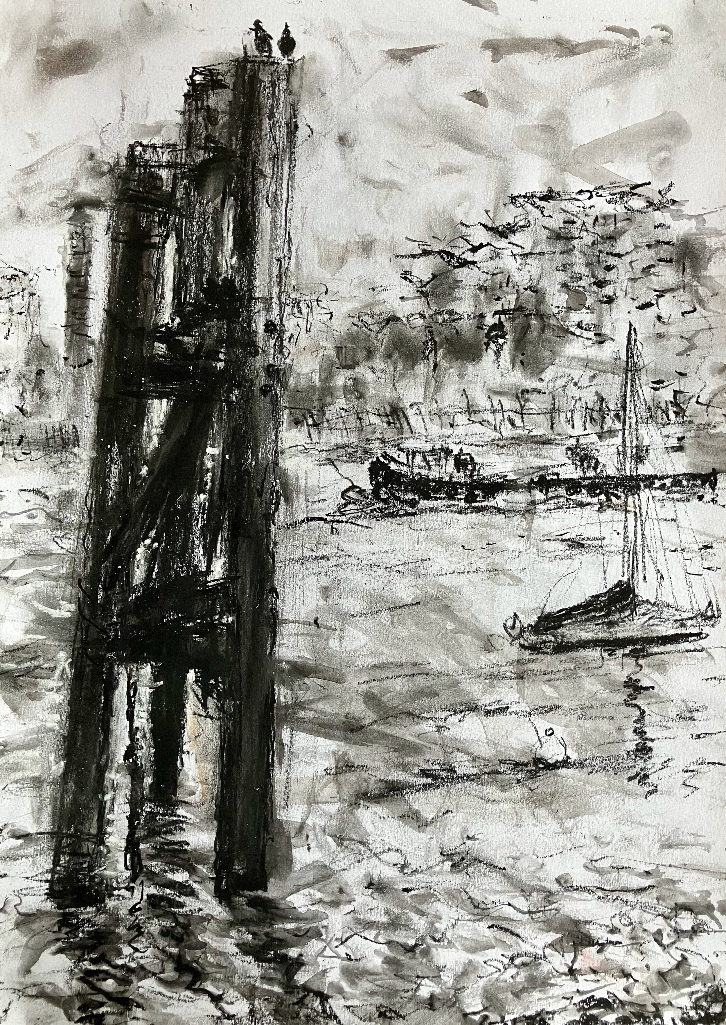 Tug passing, Deptford.
Carbon/ Graphite drawing 295 x 420mm
