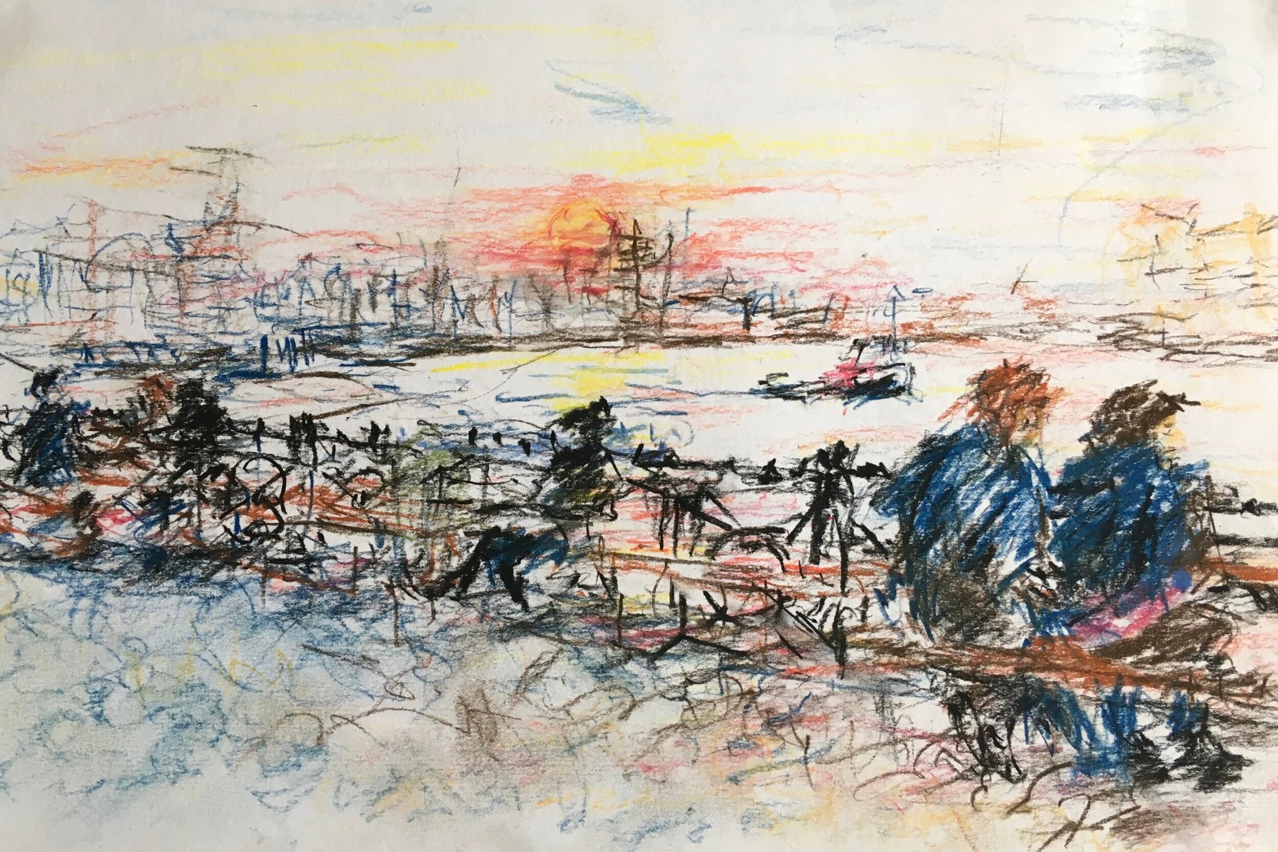 Greenwich Riverside, Sunset from  the Trafalgar Tavern. chalk pencil sketch. 295mm x 200mm