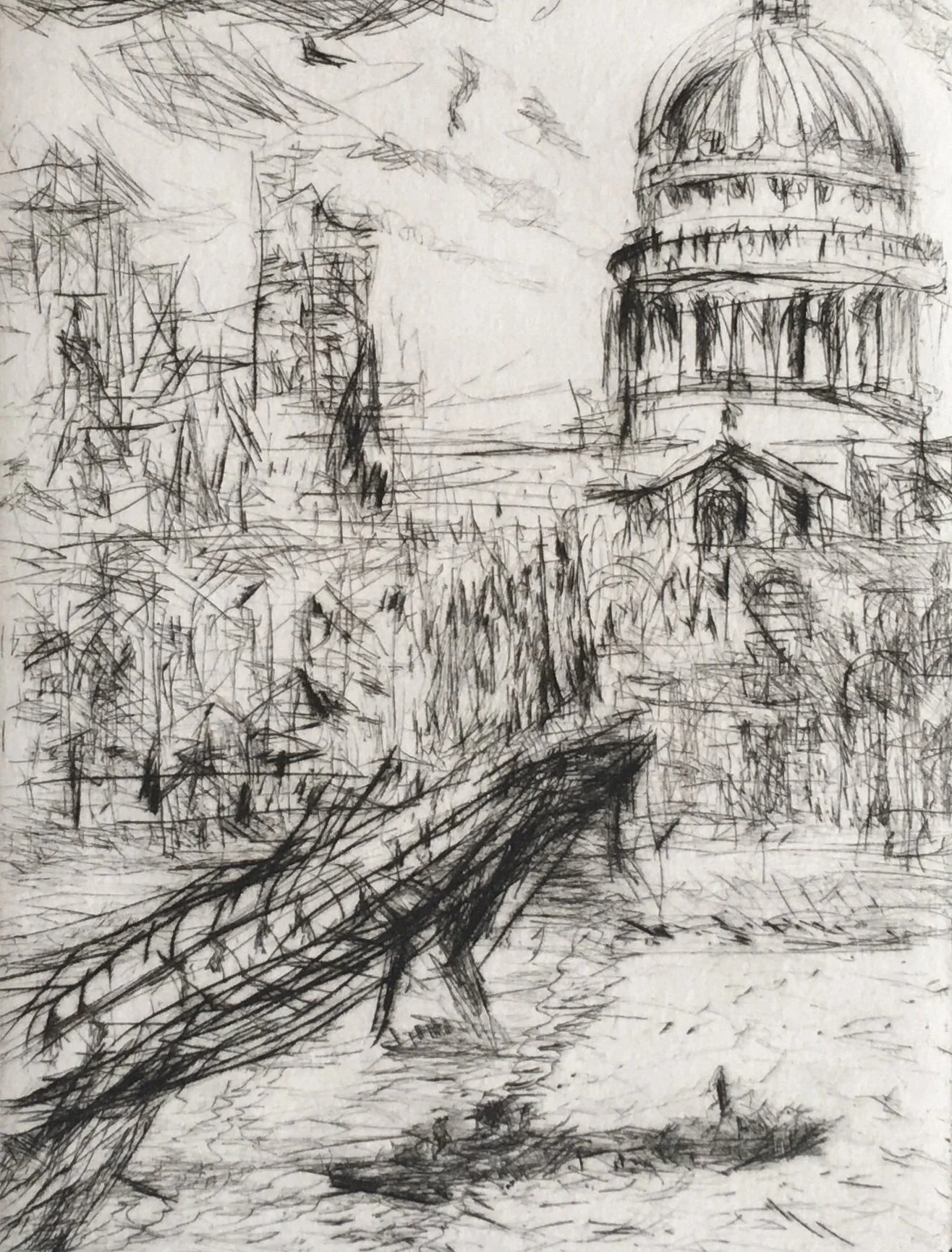 View from Tate Modern-Dry point Etching. 135mm x 180mm