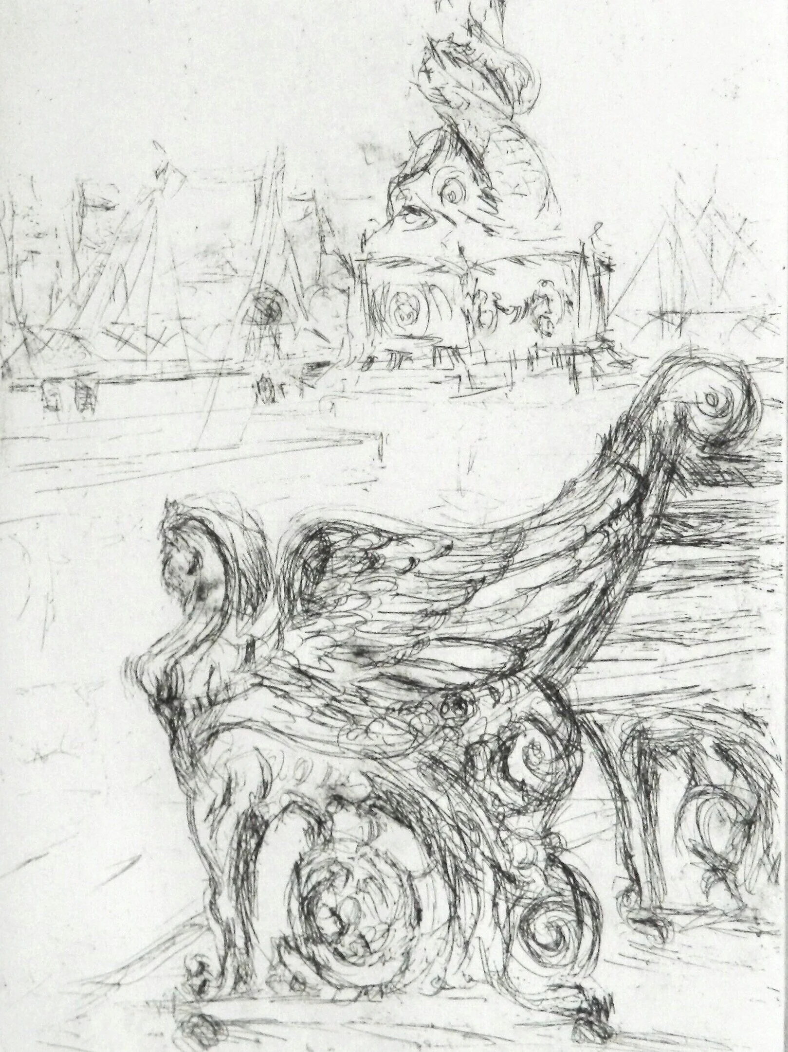 Bench, Embankment. Dry point etching 165mm x 225mm