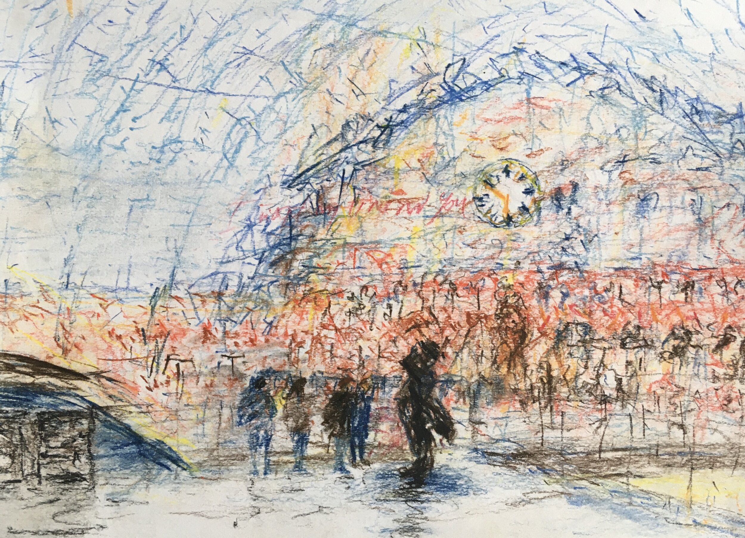 St Pancras Station. Pastel pencil sketch.
290mm x 200mm