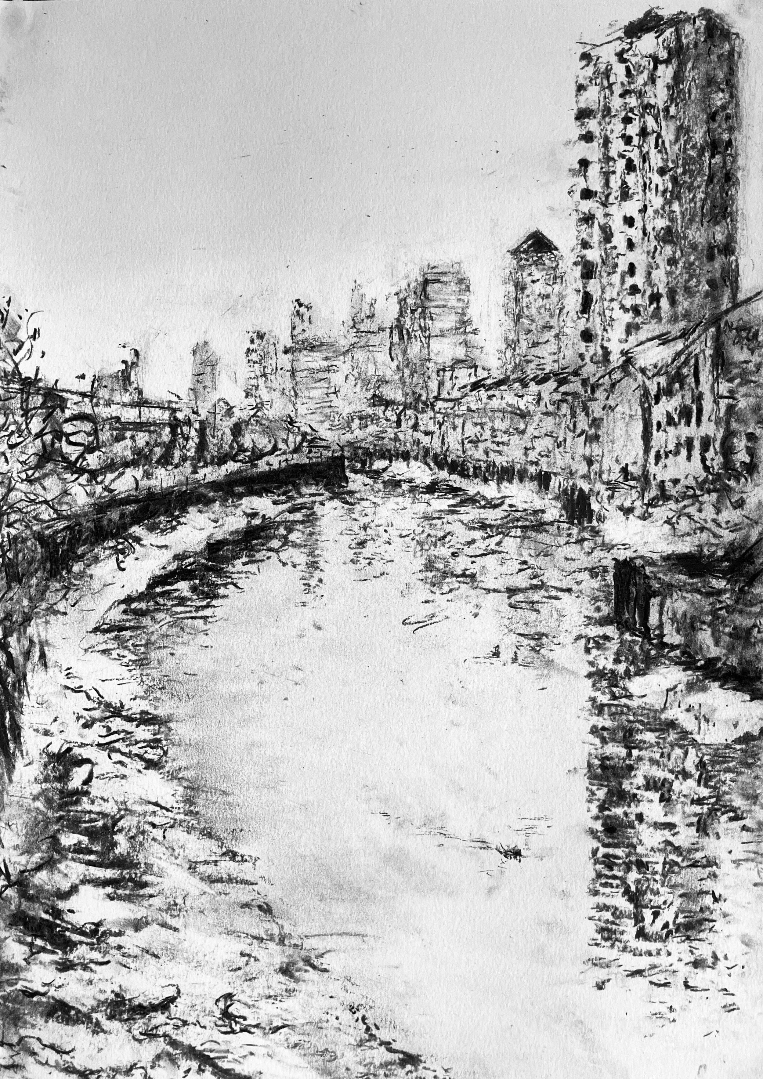The River Lea.
Charcoal drawing 295 x420 mm