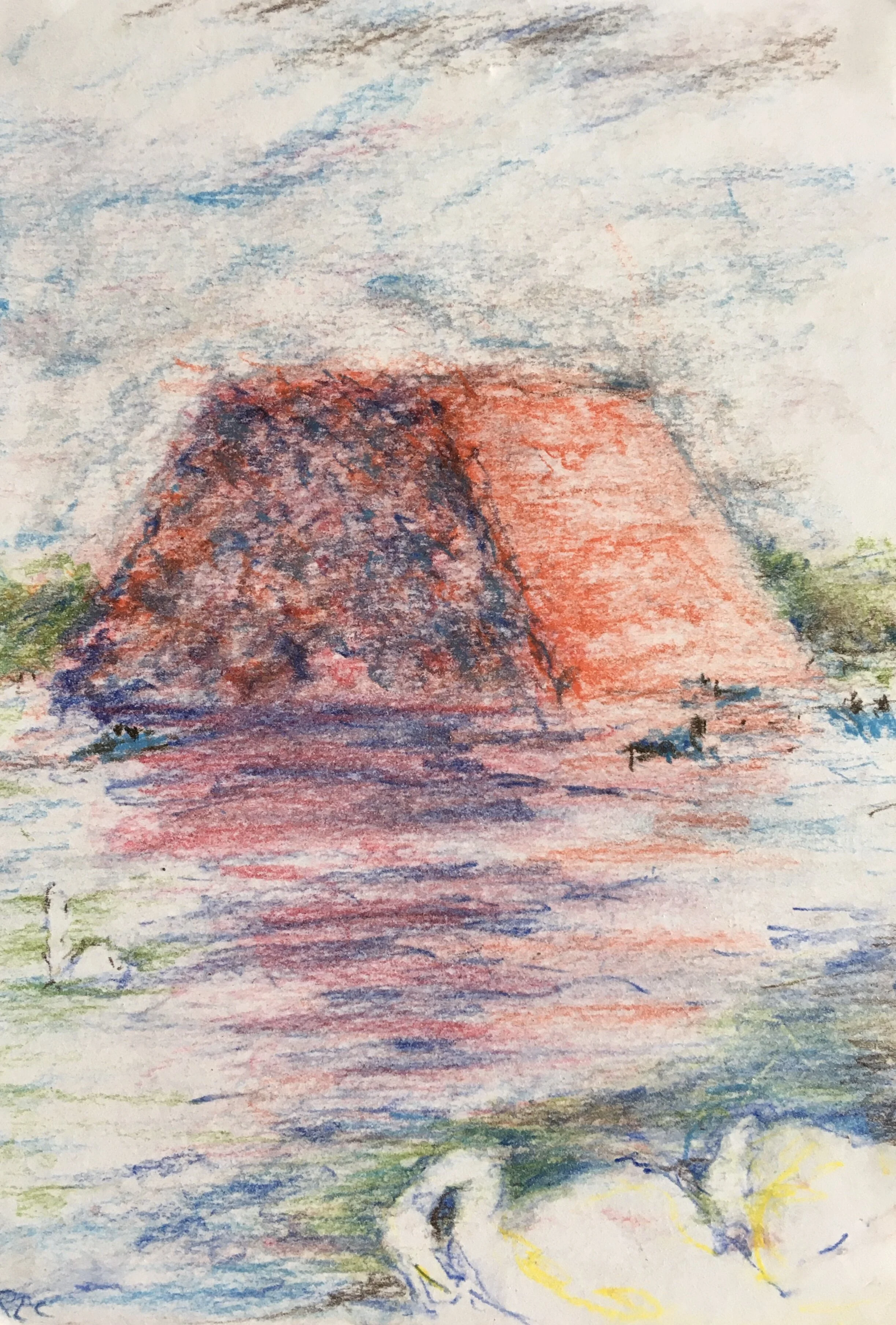 Christo's  Mastaba, The Serpentine, Hyde Park. Pastel pencil sketch. 
   145mm x 210mm