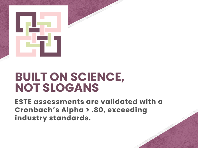 ESTE Built on Science, Not Slogans. ESTE assessments are validated with a Crinbach's Alpha >.80, exceeding industry standards