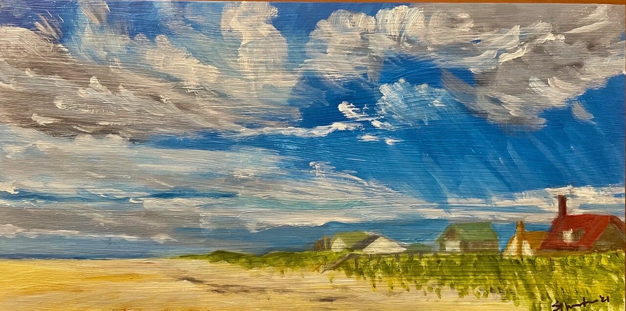 RED ROOF CHERRY GROVE, oils on wood, 6” x 12”, 2021, $180.