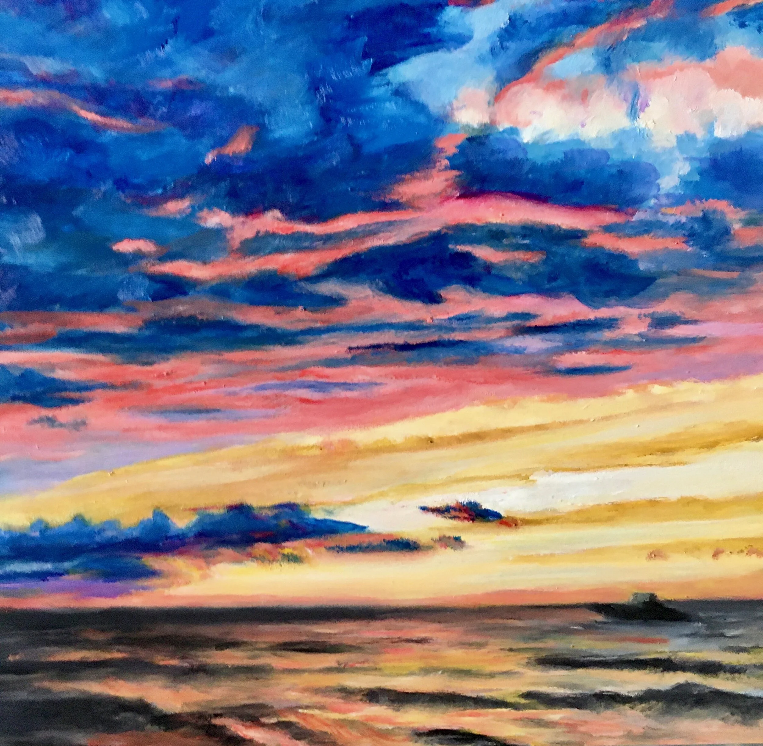 CRUISING INTO SUNSET, 8” x 8”, oils on gesso board, 2020, $180 (sold)