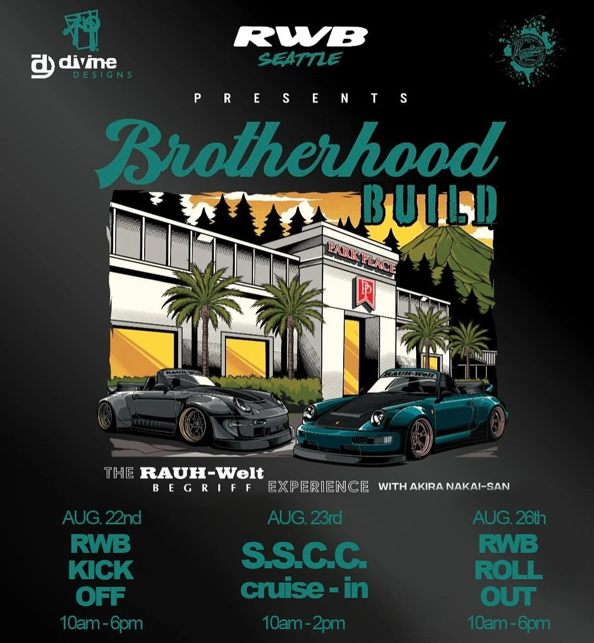 We are excited to be working with RWB Seattle, Phantasy Kolors, and Divine Auto Aesthetics for the Brotherhood Build event at Park Place Ltd!
.
We&rsquo;re kicking off the five day event beginning on Friday, August 22nd!  There will be RWB Mochi donu